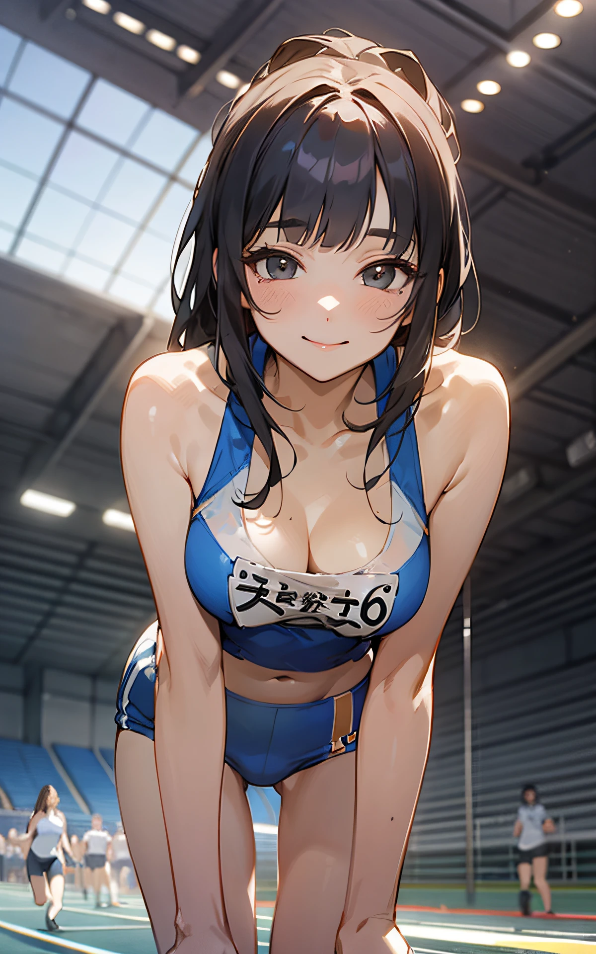 (Original Character、Unity 16K Wallpaper, Masterpiece, Best Quality, Ultra-Detailed, Extremely Detailed CG, Caustics, Cinematic Lighting, Detailed, Beautiful Detailed Eyes, solo), Ultra High Resolution, fine skin, (track and field:1.2) 、(strong light)、oily skin,smile , from front:1.2、(sexy women)、Arena、separate、micro racing bloomers、show off belly,show off neck,sunny day、cowboy shot,layered hair,blush,blunt bangs, black eyes,abs,kawaii,perspired,cleavage、running shirt,bent over,from behind