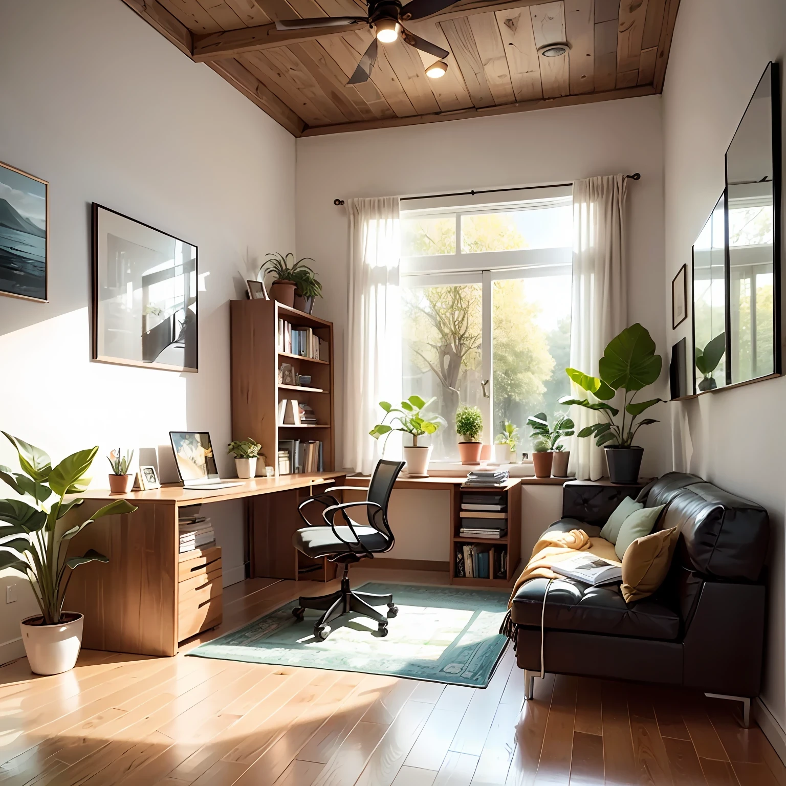 A home office livingroom with bookshelf and plants, picture frame above the couch, plant, indoors, no humans, couch, potted plant, pillow, clock, book, scenery, picture (object), wooden floor, window, shelf, signature, table, rug, picture frame, cushion, photo (object), leaf --auto