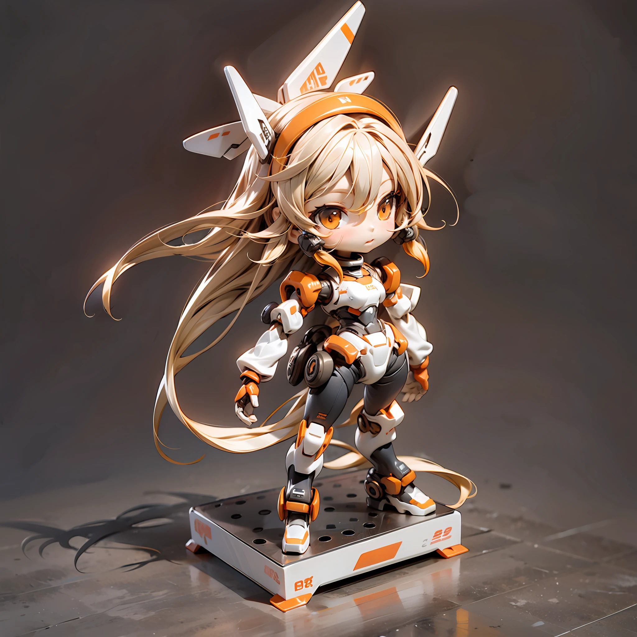 blind box toy style, full body, a mecha, chibi, white body, black and orange arms, black legs, standing, character foot stand
