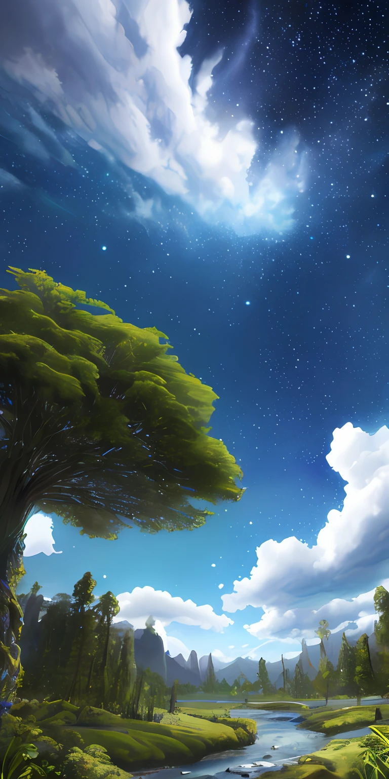 Illustration of a surreal, otherworldly, hyper sky scene including a giant crystal tree full body, highly detailed and magical lighting, intricate forest details, vegetation and surrounding river, solar punk, landscape, giant tree , beautiful green leaves, beautiful lighting and realistic proportions, as if this is a movie background, 8k, highest quality, masterpiece, clouds and stars in the sky.