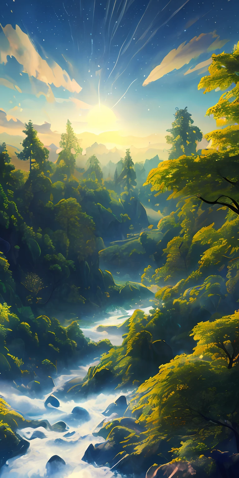 Illustration of a surreal, otherworldly, hyper sky scene including a giant crystal tree full body, highly detailed and magical lighting, intricate forest details, vegetation and surrounding river, solar punk, landscape, giant tree , beautiful green leaves, beautiful lighting and realistic proportions, as if this is a movie background, 8k, highest quality, masterpiece, clouds and stars in the sky.