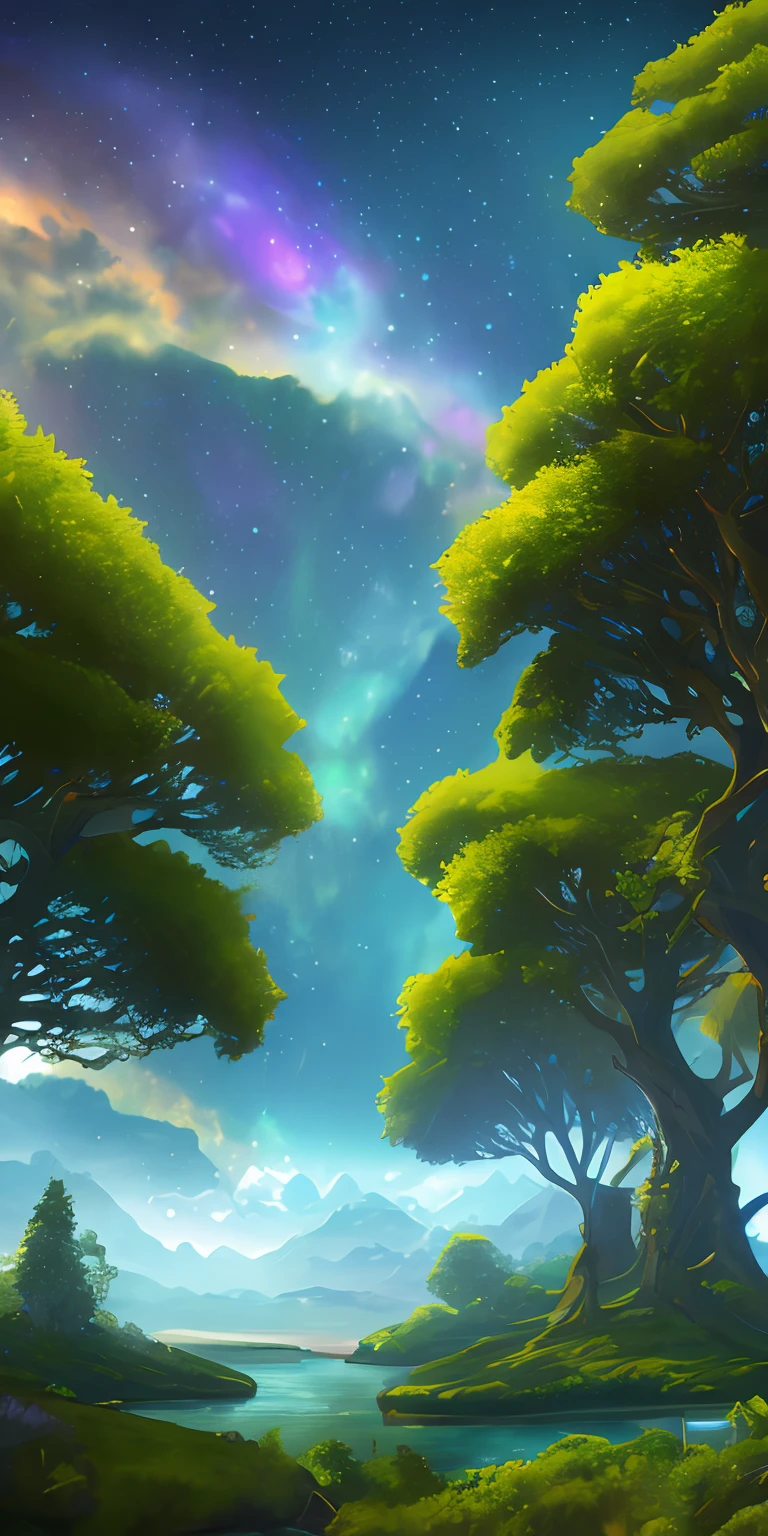 Illustration of a surreal, otherworldly, hyper sky scene including a giant crystal tree full body, highly detailed and magical lighting, intricate forest details, vegetation and surrounding river, solar punk, landscape, giant tree , beautiful green leaves, beautiful lighting and realistic proportions, as if this is a movie background, 8k, highest quality, masterpiece, clouds and stars in the sky.