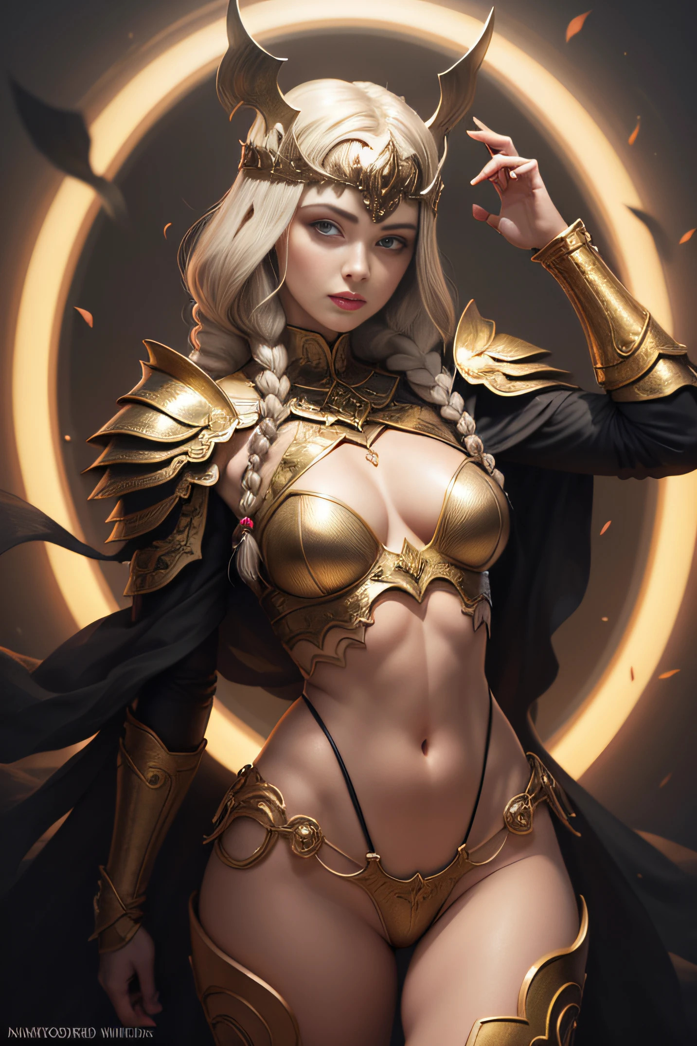 Blonde haired woman with braids, (Armadura nordica decotada dourada). Golden armor with glossy chrome black with sharp reflections. Pedras preciosas. ombros nus. (tiara). Low muscle definition. Pernas lindas. Ombros nus visiveis. Detailed lighting. artistic work. Beleza extrema. Roupa com efeito de gradiente colorido intenso. Professional image with high saturation. Camera profissional. illustration. cores vibrantes. olhos amarelos vibrantes, manto, capa de pelo, olhos dourados brilhantes, simetria, olhar intenso, detalhes pretos nas roupas, aura dourada, fogo, capa