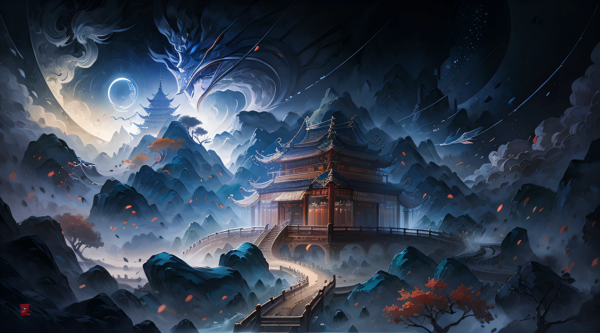 Chinese wind mountains， rios， Auspicious clouds， Pavilions， kosmos， tmasterpiece， super detailing， Epic composition， hyper HD， high qulity， extremely detaile， offcial art， 统一 8k 壁纸， super detailing， 32k  ，starrysky