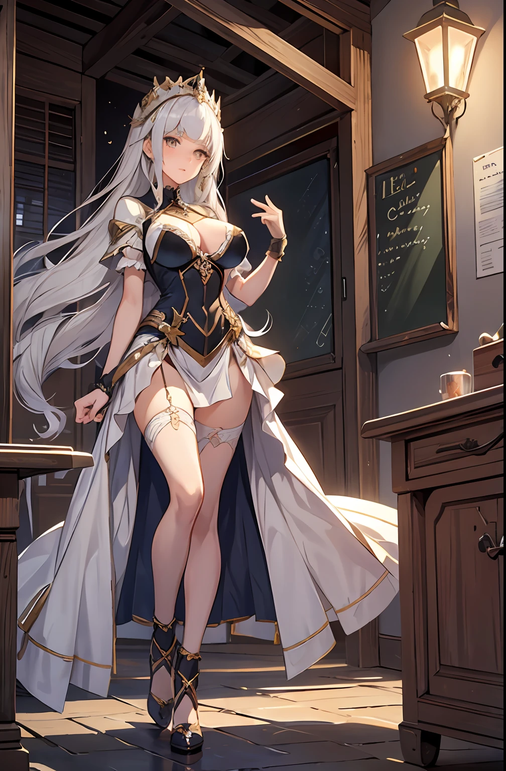 (((Masterpiece))),(Best quality), 1girll,Solo, Extremely detailed, Detailed face,Detailed eyes,illustration,2K,(full body:1.2),
,standing, tmasterpiece,4K,Hyper-detailing:1.2),(anime big breast:1.2),illustratio,(photorealestic:1),(realisticlying:1), Disheveled clothes,A queen,binding,succumbs,MuCoi,Attach a bandage to the nipple,and wear no underwear,Open your legs,White-skinned,magia, your ass,seductiv,long whitr hair,The clothing is translucent,Positive light,Reveals black lace panties,blackstockings,Clothes are torn,with fair skin,Global light,diffused reflections,Extremely delicate face,ellegance, lie,(full bodyesbian:1.2),full bodyesbian,Look up,Superskirt,Exposing the abdomen,Exposing thighs,Raised Legs,Stick out your feet,Sexy cleavage,Bigchest,Revelation, Classroom,, cabellos largos dorados, Long hair hanging to the ground,Call the bed,courtship,haughty,Slightly drunk,hyper HD, 巨作, Anatomically correct, super detailing, High details, High quality, A high resolution