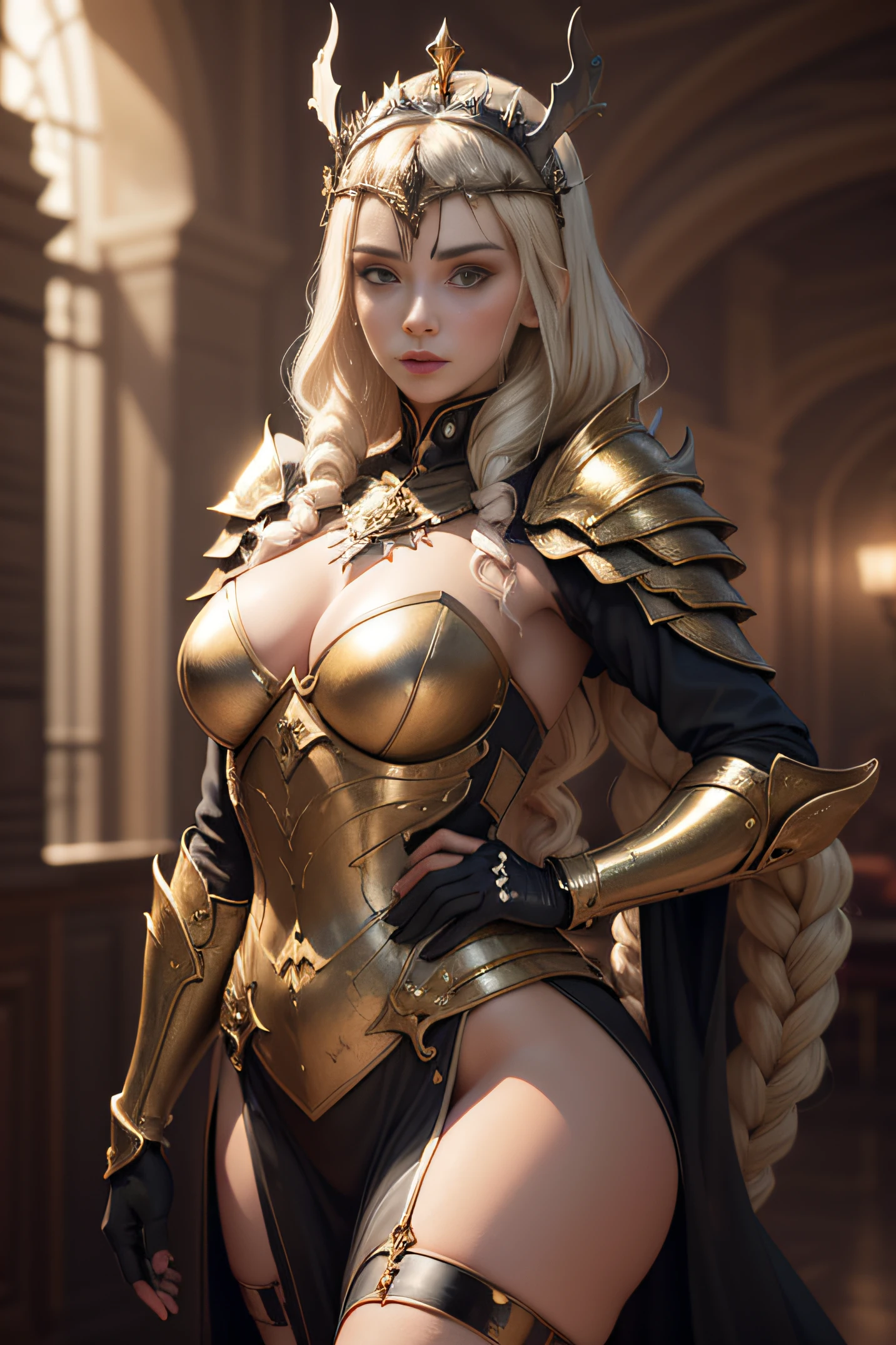 Blonde haired woman with braids, (Armadura nordica decotada dourada). Golden armor with glossy chrome black with sharp reflections. Pedras preciosas. ombros nus. (tiara). Low muscle definition. Pernas lindas. Ombros nus visiveis. Detailed lighting. artistic work. Beleza extrema. Roupa com efeito de gradiente colorido intenso. Professional image with high saturation. Camera profissional. illustration. cores vibrantes. olhos amarelos vibrantes, manto, capa de pelo, olhos dourados brilhantes, simetria, olhar intenso, detalhes pretos nas roupas, aura dourada, fogo, capa