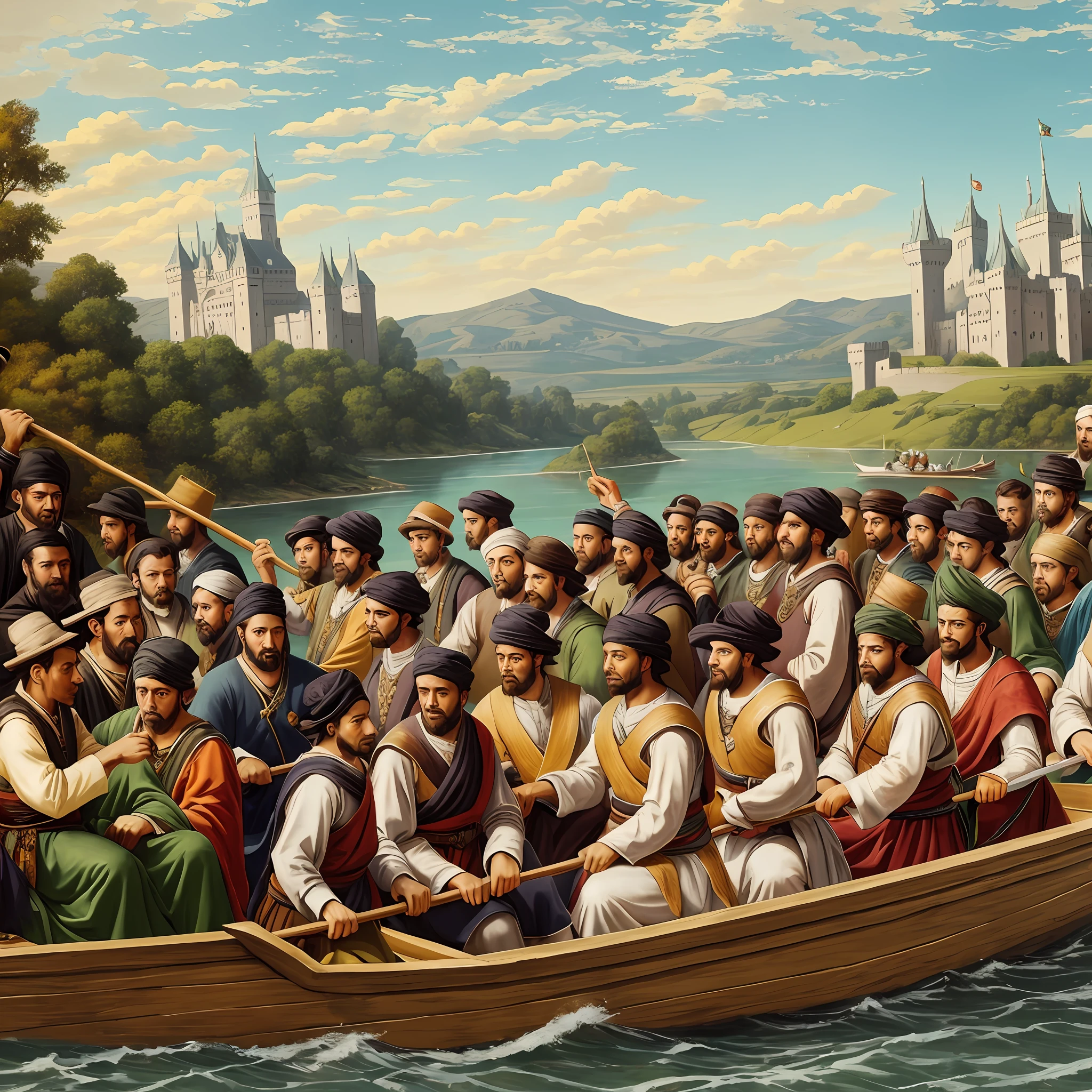 Crowd, carrying kings in boat, near castle, good image, oil tincture --auto --s2