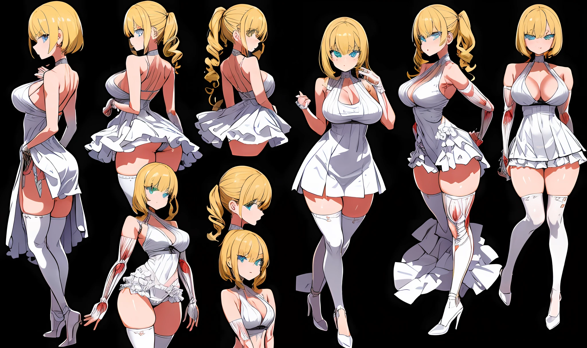 a masterpiece of,(perfect anatomia:1.4), best qualtiy, high_resolution, Fine details, highly detailed and beautiful, Distinct_image, (8 Girls), , a blond,Red-eyed, standing split,(huge-breasted), (tits out),Curve,Full body,(weddingdress),(thighhigh),brownish colors,Egyptian costume,all-fours,Only two people in front