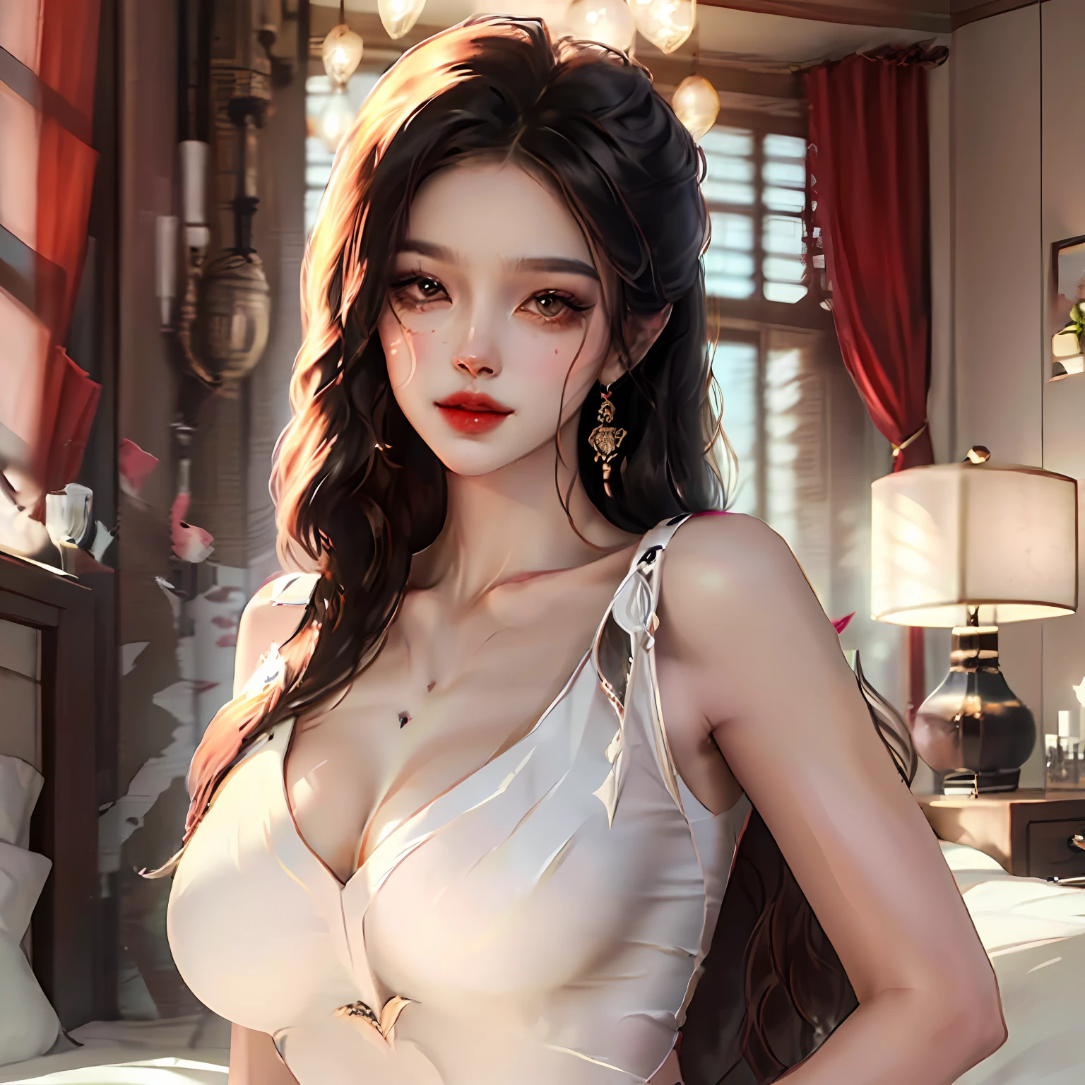 White deep V costume，huge tit，beautiful woman with black hair，ultra HD picture quality，Cute face，Slightly fat，The upper part of the body，inside in room --auto