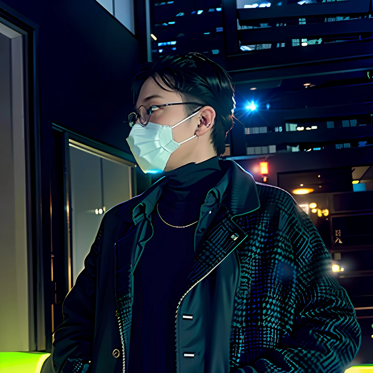 There was a man wearing a mask and a coat standing in front of a building, wearing transparent glass mask, wearing face mask, Wearing an all-black door wave mask, High-quality video, 8K, Wearing a mask, inspired by Zhu Da, smooth in _ Background with, some of them use gask mask
