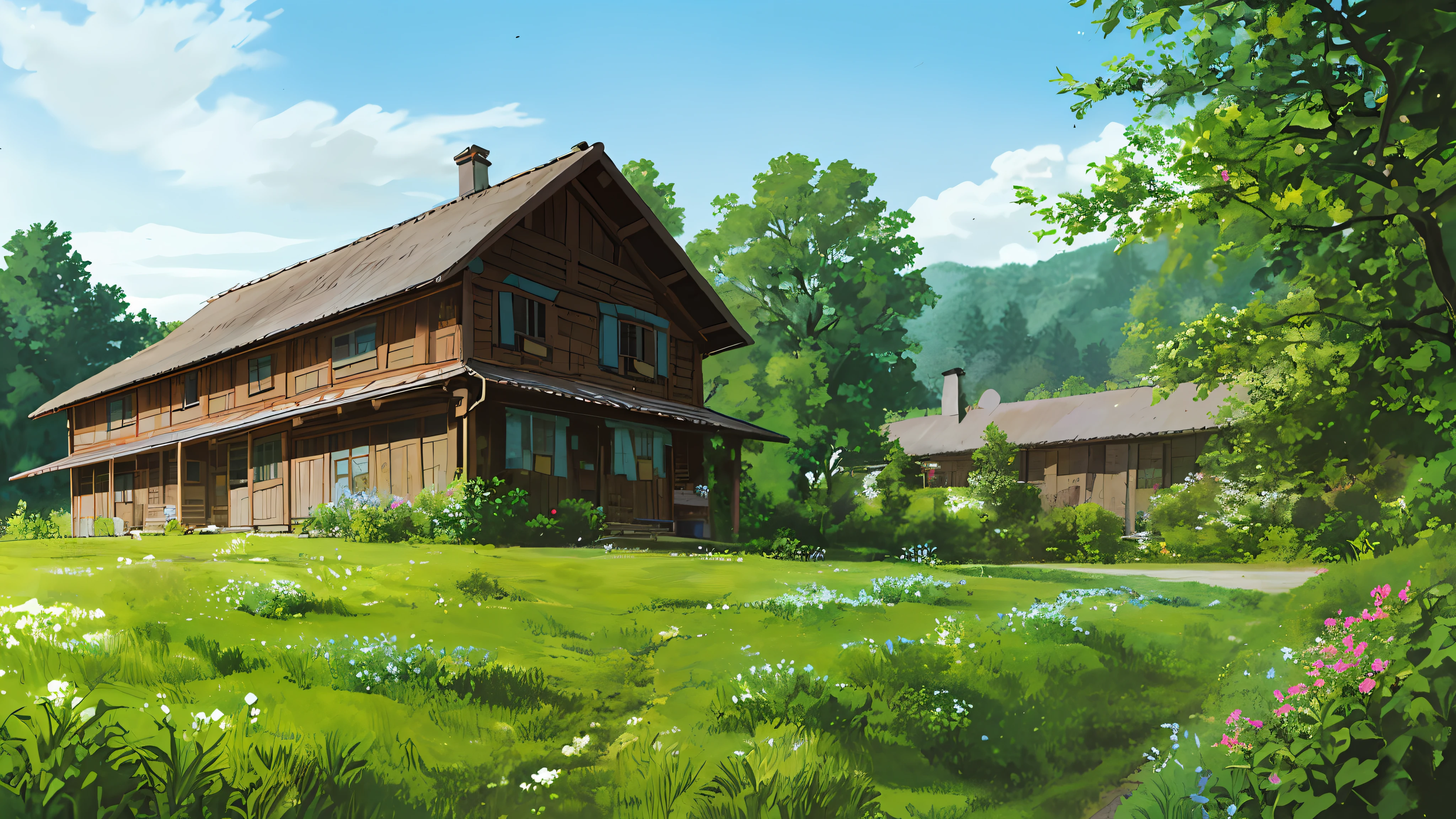 there is a house that is sitting on a hill with beautiful flowers, house on a hill, back of the house, by Adam Szentpétery, by Adam Marczyński, country house, wooden house, daytime landscape of grass mountain, daytime lighting, house in the forest, by Jesper Knudsen