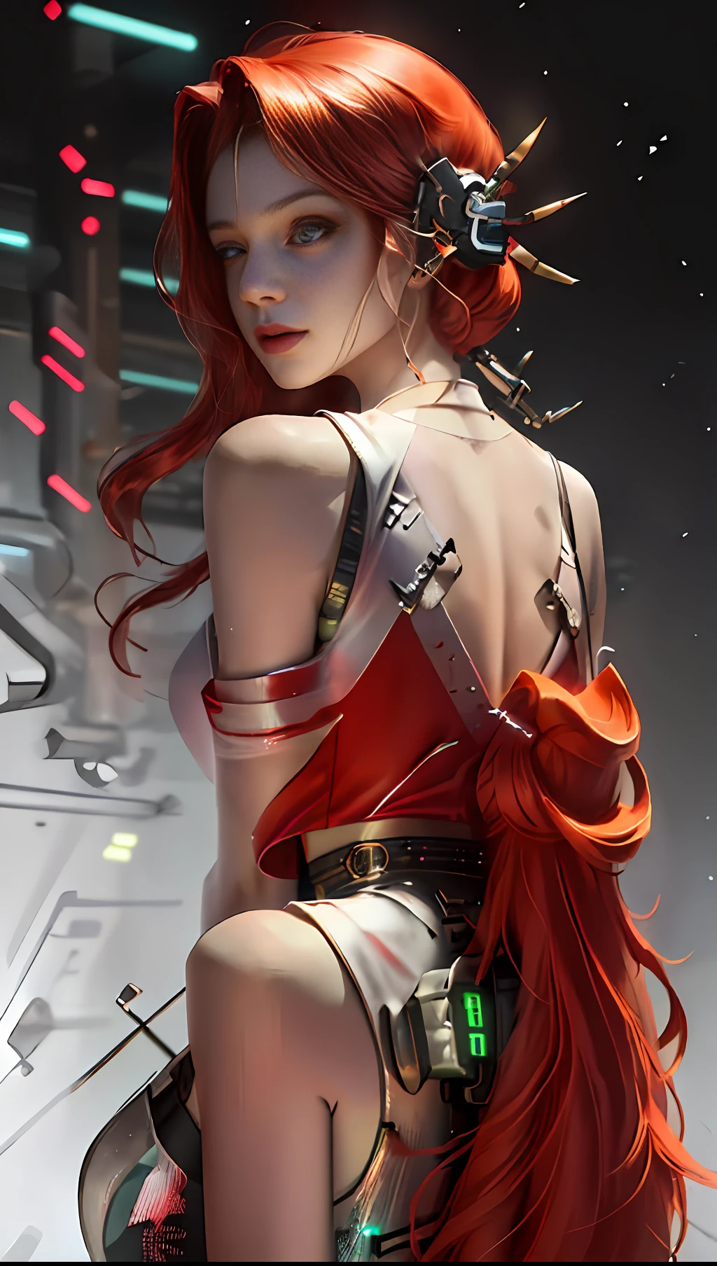 1 girl, beautiful,long hair,red hair,back dress, cyberpunk background,8k,picture realistic,
