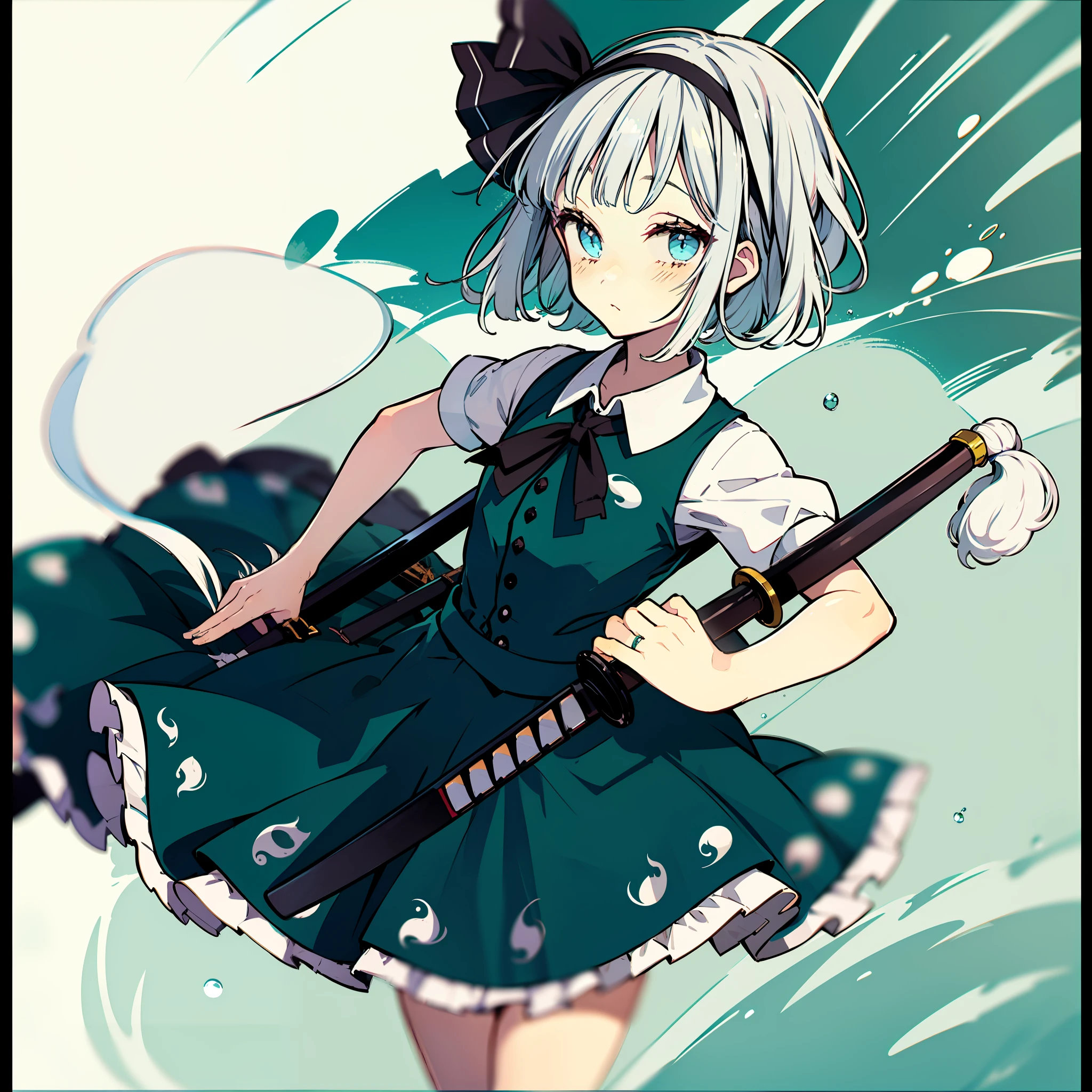 a picture of a picture of an angel with short dark hair and a dress, 1girl, solo, konpaku youmu, weapon, sword, short hair, bloomers, white hair, katana, hairband, sheath, looking at viewer