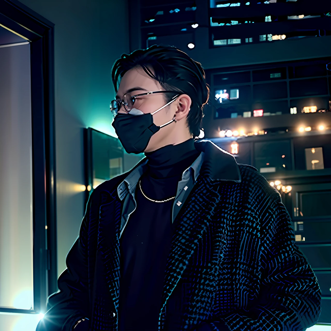 There was a man wearing a mask and a coat standing in front of a building, wearing transparent glass mask, wearing face mask, Wearing an all-black door wave mask, High-quality video, 8K, Wearing a mask, inspired by Zhu Da, smooth in _ Background with, some of them use gask mask