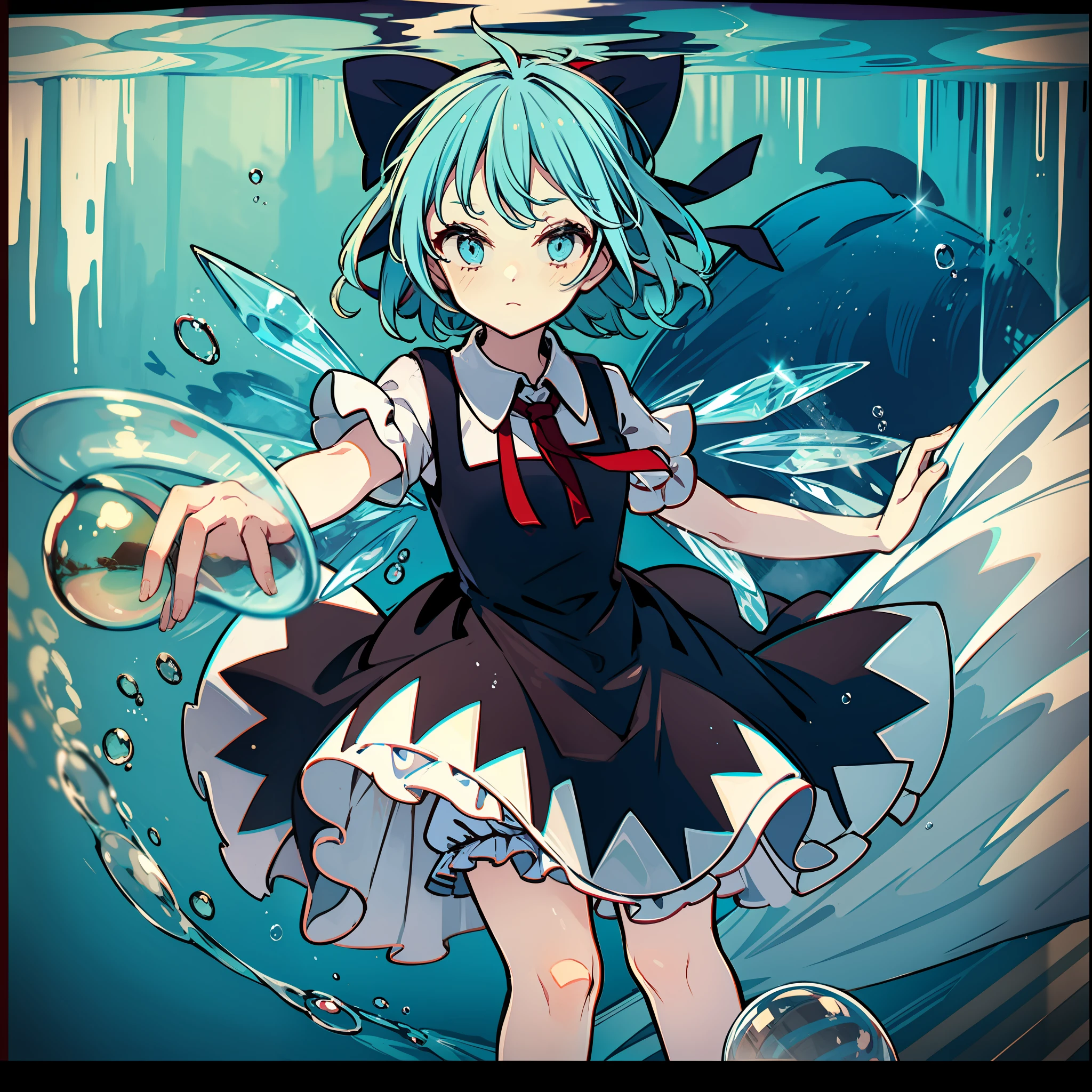 a character in an anime dress, and with short blue hair, is looking up and under water, 1girl, bloomers, cirno, solo, blue bow, blue hair, underwater, blue eyes, bow, dress, hair bow, underwear, bubble, air bubble, blue dress, looking at viewer, ice, dress lift, short sleeves, short hair, ice wings, clothes lift, wings, white bloomers