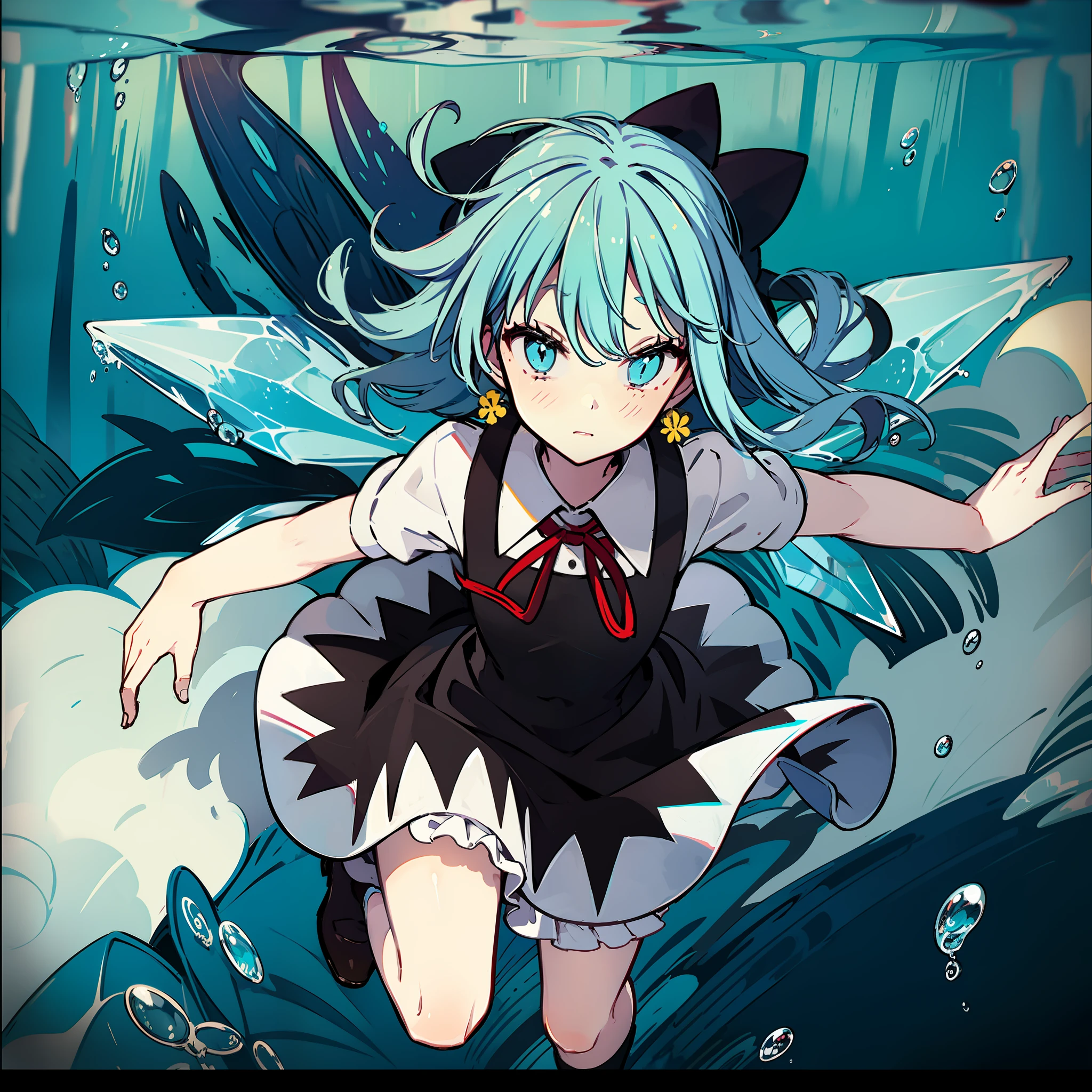 a character in an anime dress, and with short blue hair, is looking up and under water, 1girl, bloomers, cirno, solo, blue bow, blue hair, underwater, blue eyes, bow, dress, hair bow, underwear, bubble, air bubble, blue dress, looking at viewer, ice, dress lift, short sleeves, short hair, ice wings, clothes lift, wings, white bloomers