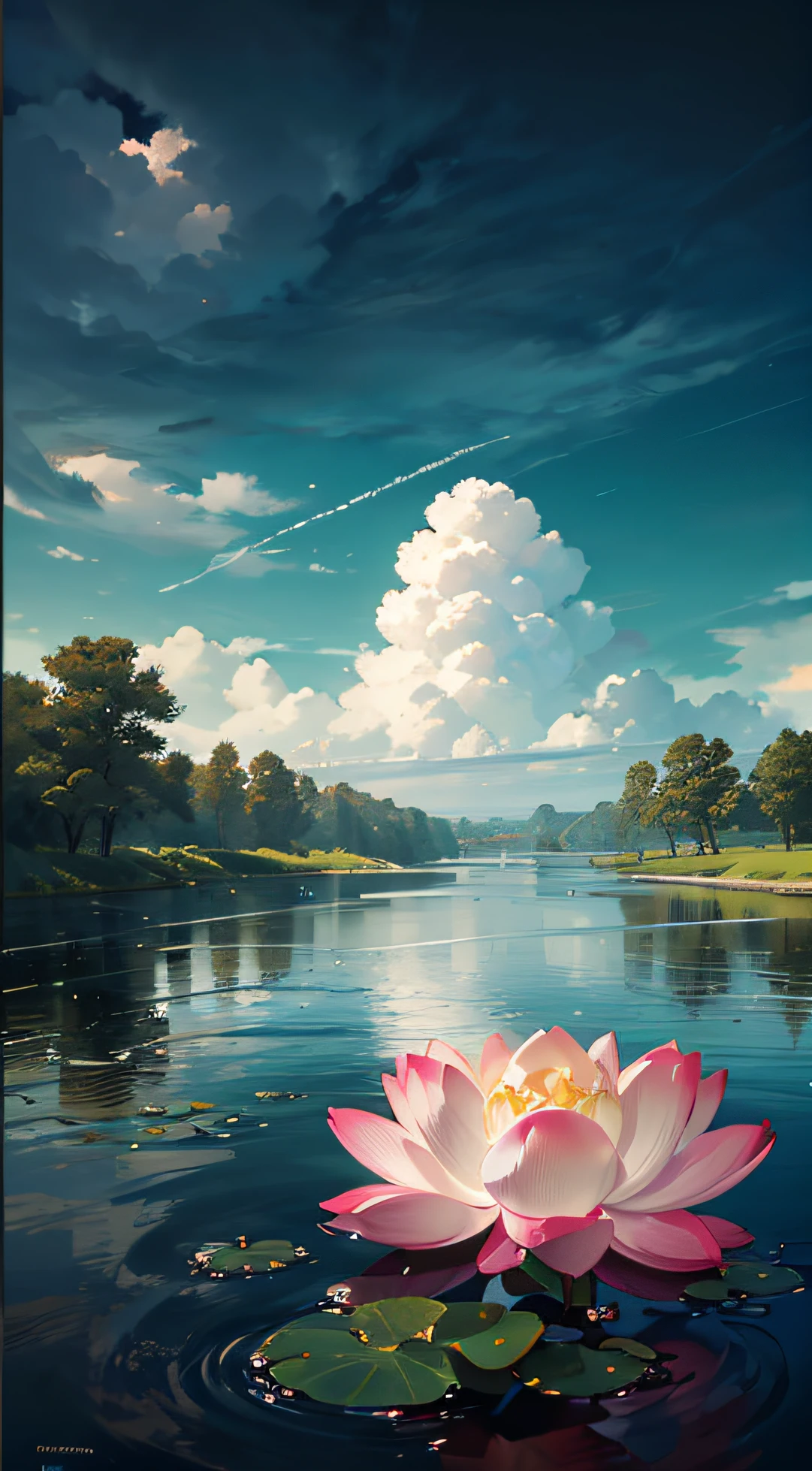 Summer, River, Paradisiacal View, Big Clouds, Blue Sky, Lotus, Pond, Frog, HD Detail, Wet Watermark, Hyperdetail, Cinematic, Surrealism, Soft Light, Deep Field Focus Bokeh, Ray Tracing, and Surrealism. --auto --v6 --s2