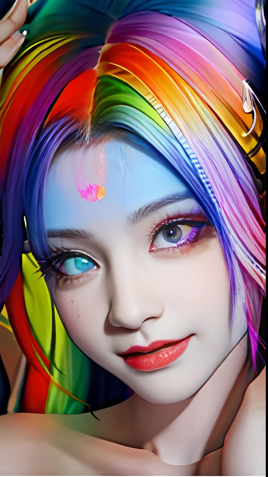 black hair, hair bobbles, wince, longeyelashes, solid circle eyes, fake animal ears, light smile, ear blush, fang, blue hair, crown, raised eyebrows, anaglyph, stereogram, tachi-e, pov, atmospheric perspective, Verism, cinematic lighting, fading border, stats, 8k, super detail, ccurate, best quality --auto
