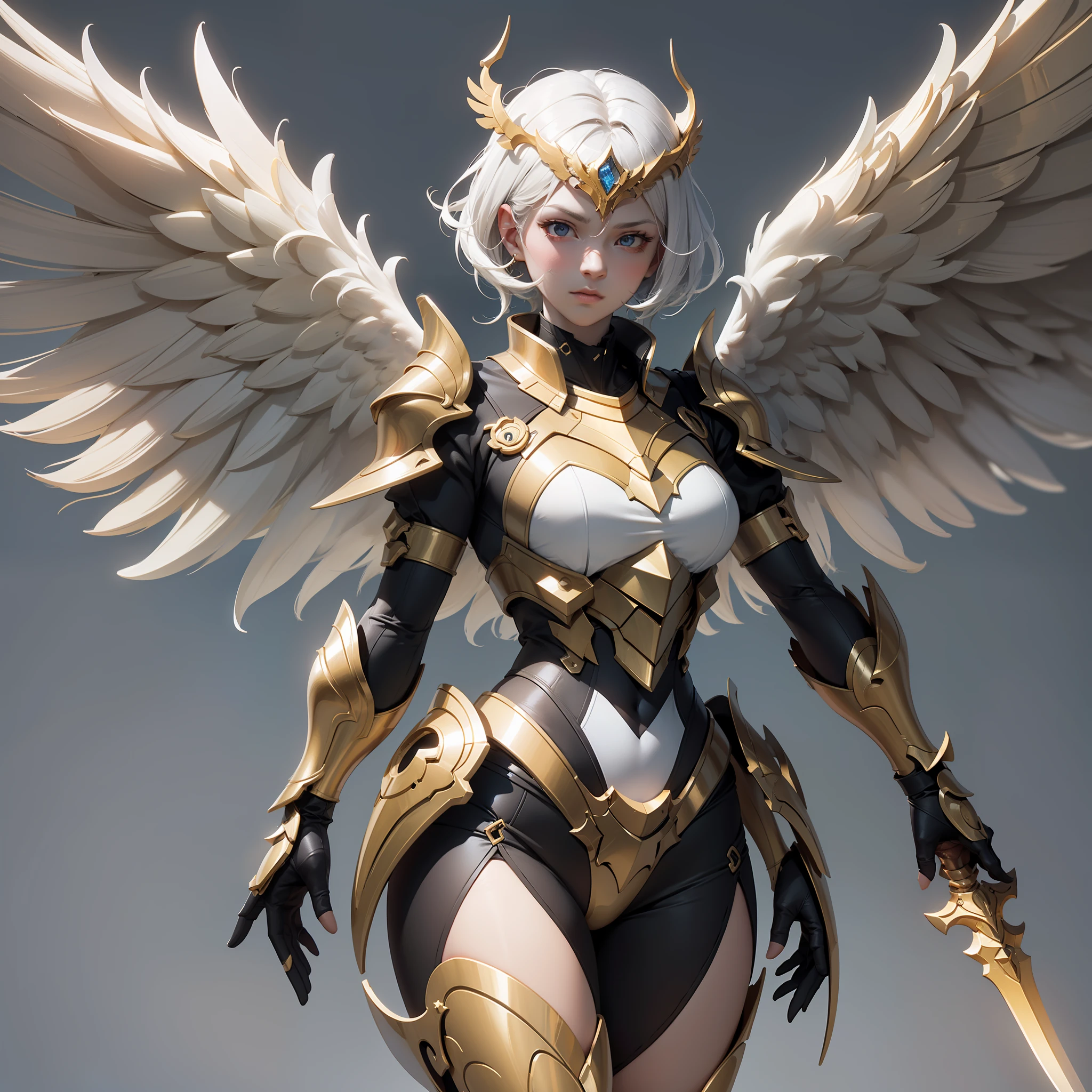 An angel warrior, (with a pair of golden wings on the back), ((metal wings)), (full body photo: 1.5), ((golden armor)), high detail, (beautiful face), perfect facial features, golden hair, golden sword, indifferent, arrogant, invincible, atmospheric, macro, realistic, HDR (high dynamic range), ray tracing, NVIDIA RTX, super resolution, Unreal 5, subsurface scattering, post-processing, anisotropic filtering, depth of field, maximum sharpness and sharpness, Albedo and Specular maps, Surface shading, Accurate simulation of light-material interactions, Perfect Proportions, Octane Render, Two-tone illumination, Large aperture, Low ISO, White Balance, Rule of Thirds, 8K RAW, High Performance Sub-Pixel, Subpixel Convolution,