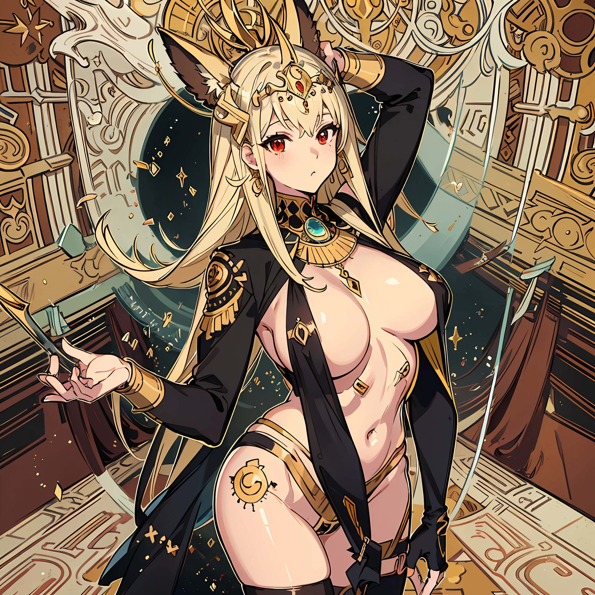 a masterpiece of,(perfect anatomia:1.4), best qualtiy, high_resolution, Fine details, highly detailed and beautiful, Distinct_image, (One girl), , a blond,Red-eyed, standing split,(huge-breasted), (tits out),Curve,Full body,(Egypt costume),(thighhigh),brownish colors,Anubis headgear