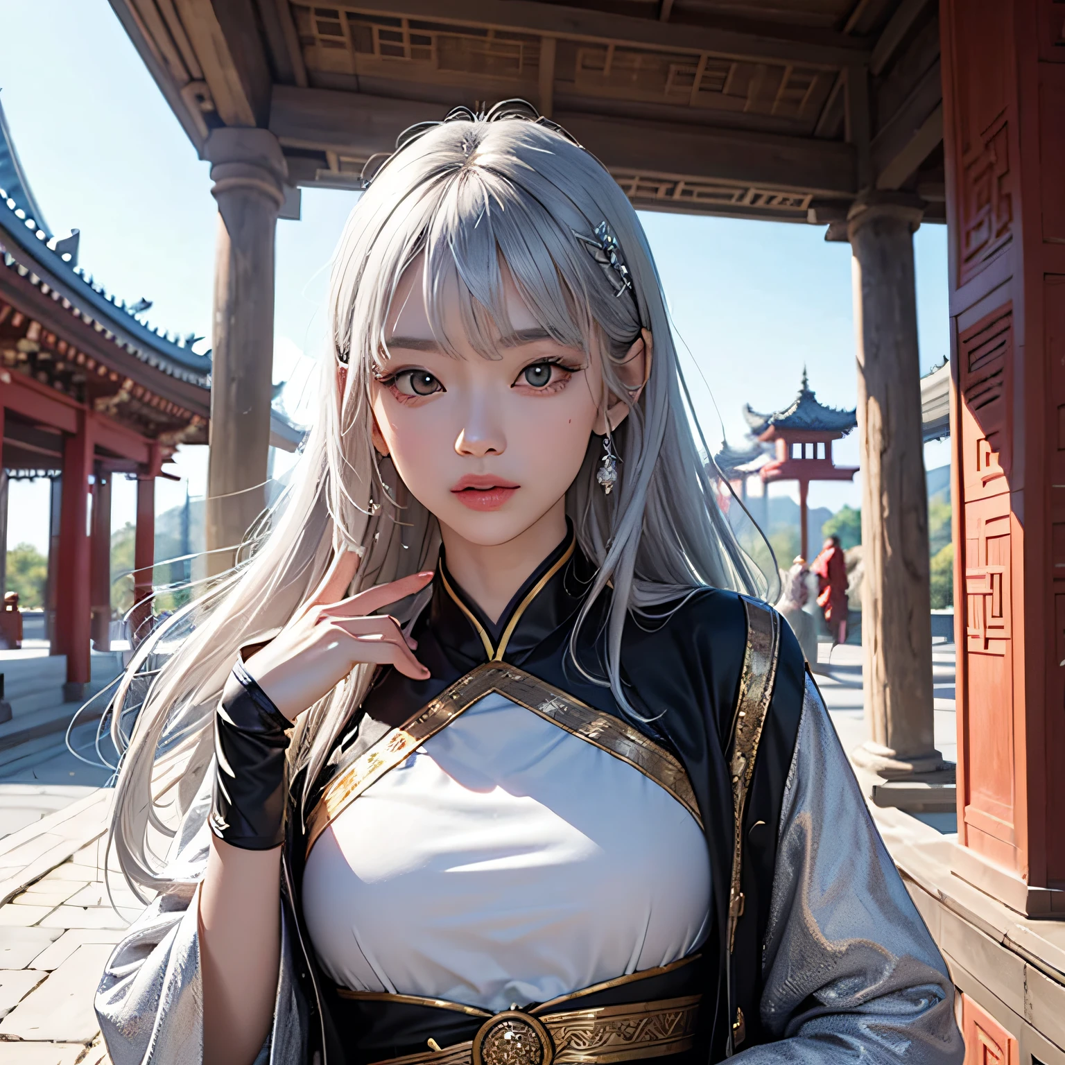 at winter season,Silver-haired, gorgeous costume, big-eyed Asian face girl in the ancient pavilion --auto