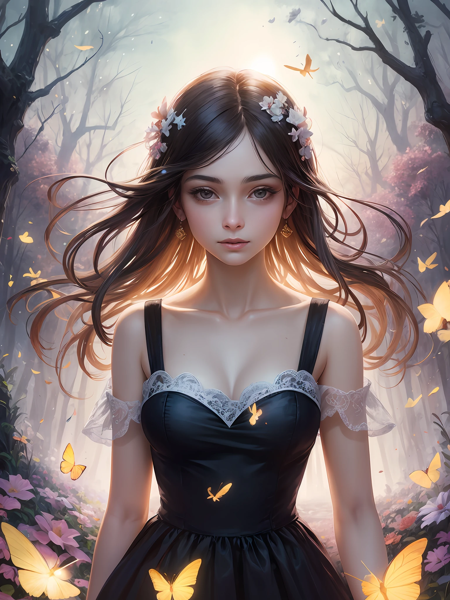 1girl, solo, full body, (masterpiece:1.21), (best quality:1.2), colorful, (illustration:1.2), (cinematic lighting:1.1), (bare shoulders:1.21), (collarbone:1.21) in this whimsical A beautiful and dreamlike garden, the scene is illuminated by a rainbow (colorful fireflies) dancing in the air. Pastel (drizzle) adorns the garden, creating a hazy and ethereal atmosphere. In the center of the picture, stands a single girl, an extremely beautiful girl, with lovely facial features and an innocent expression. Her long hair fluttered in the wind. She wore a low-cut strapless dress that accentuated her curves. The lighting is very delicate and beautiful, creating a soft warm glow that accentuates the water and makes it sparkle like a diamond. The finest grasses are also illuminated to create a lush carpet. The garden is surrounded by colorful flower fields with flowers of all colors and shapes. Various colors and sizes (coloured butterflies) can be seen flying around the scene, adding to the overall sense of wonder and magic. (Everyone, judges), a blush can be seen on the bridge of the nose, and the mouth is slightly opened, which adds to the overall sense of innocence and youth. Falling petals can be seen waving around her, adding to the overall sense of romance and beauty. The breeze is blowing, the leaves are rustling, and the flowers are swaying, adding to the overall dynamism and vitality. It is a scene of pure wonder and magic, full of color and beauty, where the viewer can lose themselves in this enchanting and captivating world.