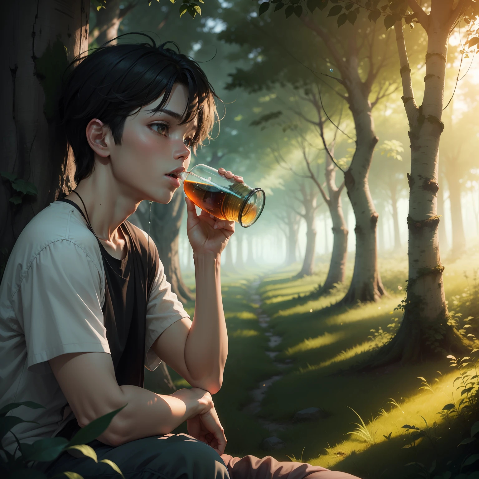 Boy drinking in forest on green background,Summer, Guviz, chill summer, anime moe art style, Magical summer,Hyper-Resolution --auto
