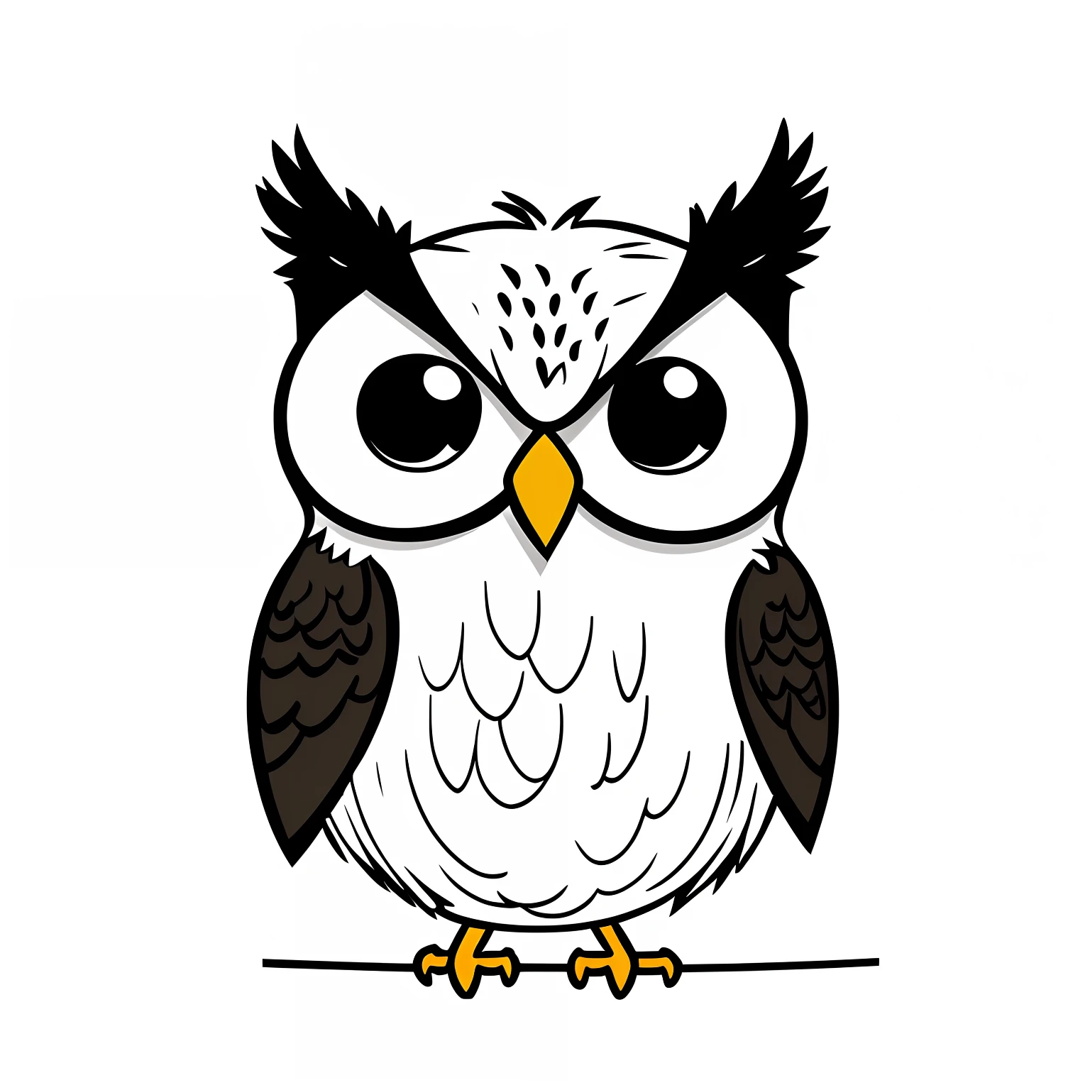 Cartoon owl，Happy and cute owl，Line drawings，black andwhite，white backgrounid，Squint，Mono Color，comic strip，escala cinza --auto