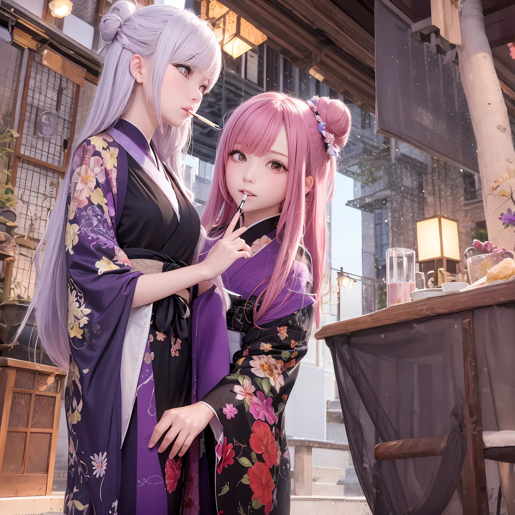 The upper part of the body、1人、Pink hair、Bun hair、mansion、Purple Eye、Gorgeous kimono、cigarette、Having a cigarette、Medium Breath、Japan anime-style odd eye spell, rain falling