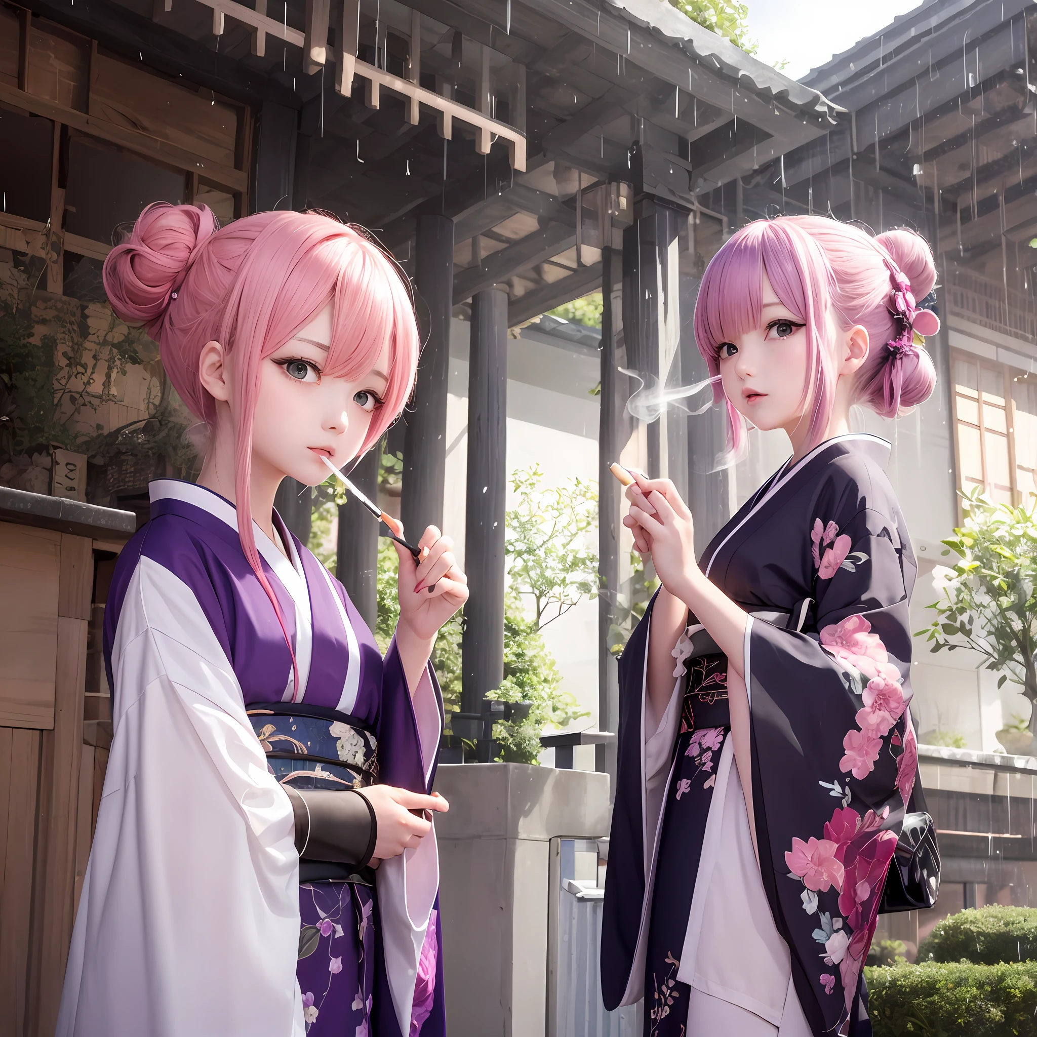 The upper part of the body、1人、Pink hair、Bun hair、mansion、Purple Eye、Gorgeous kimono、cigarette、Having a cigarette、Medium Breath、Japan anime-style odd eye spell, rain falling