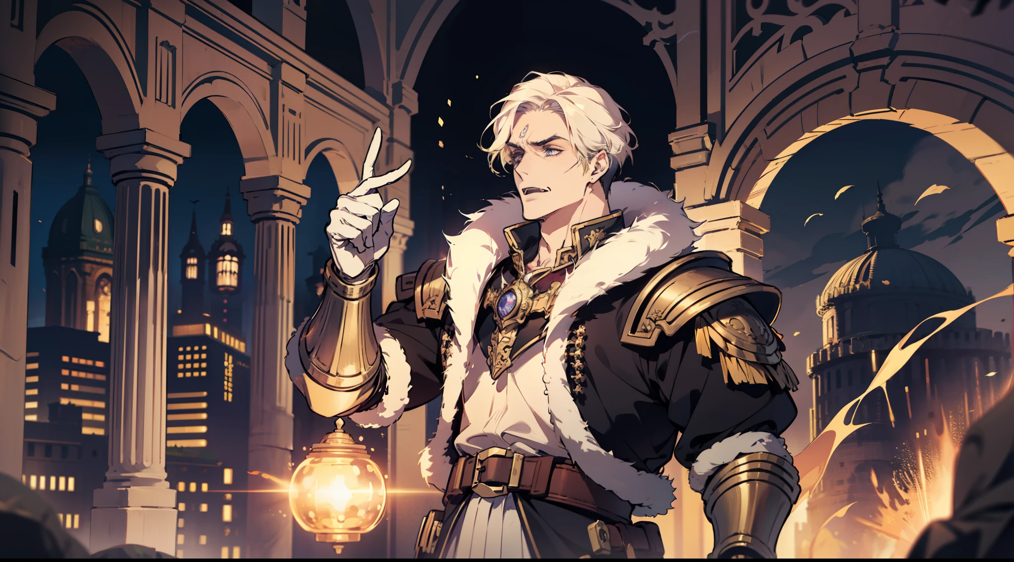 （absurderes，A high resolution），16k，large tall，1 man，old age，short mustache，Golden hair，Armor，Intricate attire，Western-style Middle Ages，period costume，Open-mouthed，Purple light，magic power，magia，Open-mouthed