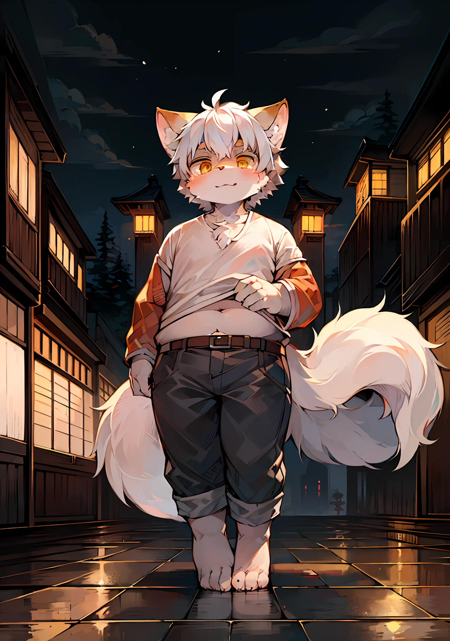 Masterpiece,High quality,abstract res,Digital painting\(artwork of a\), by Dagasi, Yupa,Kiyosan,(anthro,Fluffy fur,Character focus:1.1),Human male wolf,Short hair,Portrait ,the night,nevando,eyes with brightness, in a panoramic view, Japanese courtyard,Pool side,outside,Character focus, 独奏, shaggy, shaggy male, coyote,fatness,malefocus,anthr,(Full Body Furry, Fluffy tail, Short tail,grey fur, Golden eyes, White color hair), (Carnivorous wolves、samurais）,White top,Gray trousers,standing on your feet