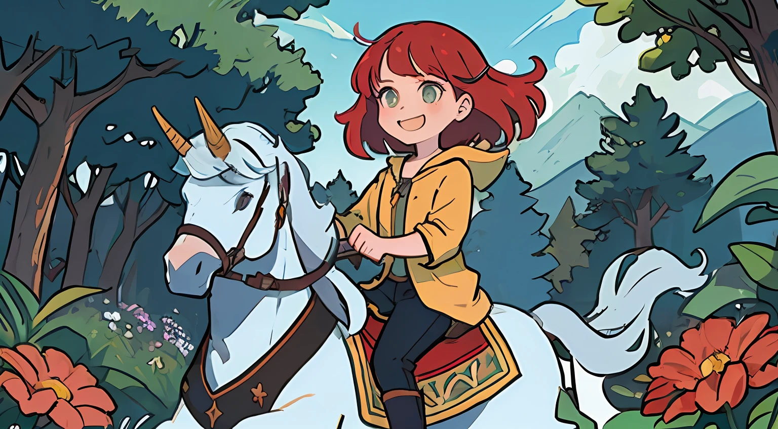 redhaired cartoon girl riding a white horse through a forest with flowers, fantasy graphic novel style, riding a unicorn, published art, yen press, knights of zodiac girl, adventuring, front cover of a new video game, new adventure, adventuring party, portrait knights of zodiac girl, official art, girl of the alps, a fantasy comic book style, adventure game