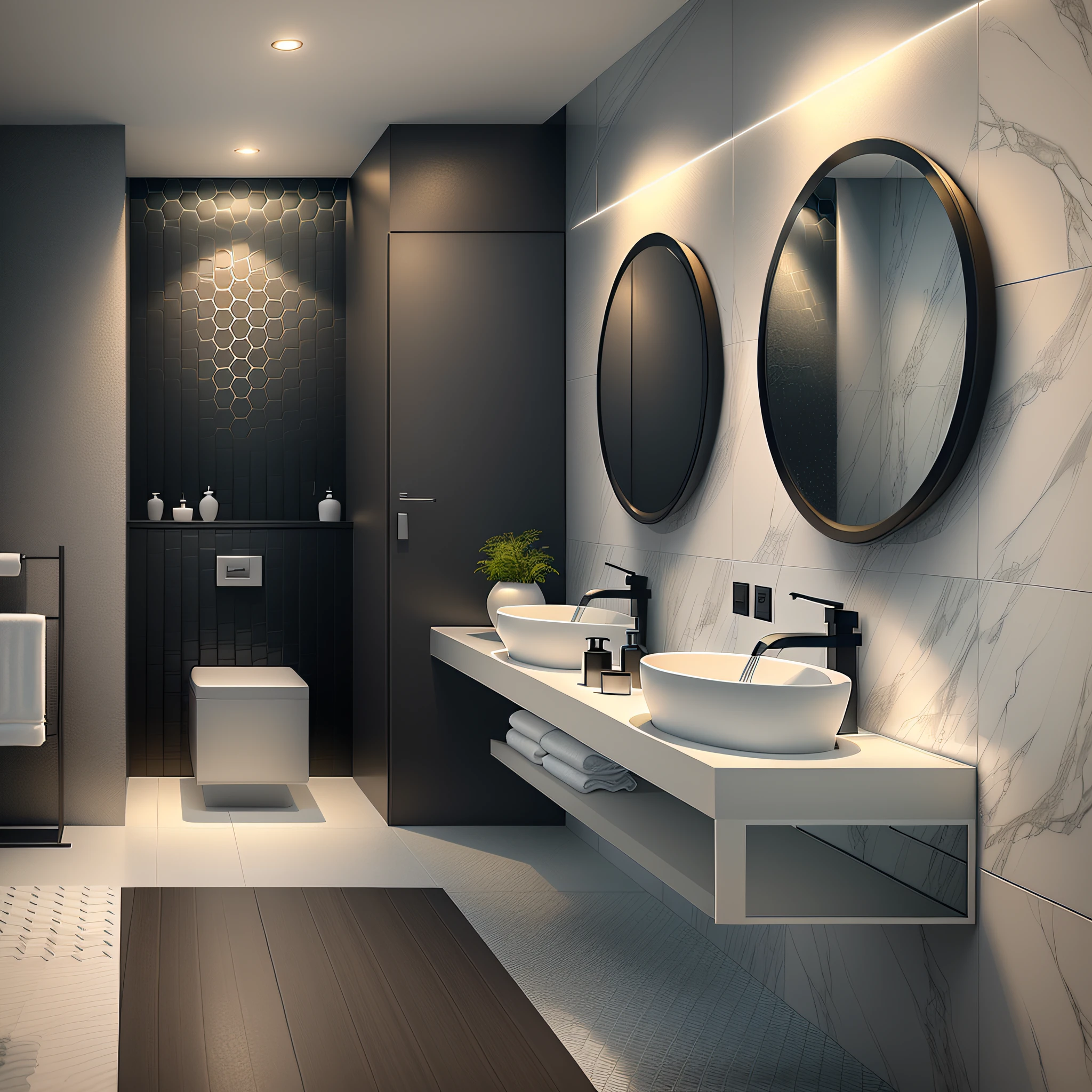 The bathroom has two sinks and a mirror on the wall, Off-white tone of the wall, Off-white and black color scheme, Lustrous off-white, Black and off-white color scheme, Silver and off-white color scheme, Off-white theme, Black and off-white scheme, colours, White and black, Modern look, premium bathroom design, modern bathroom, Black and off-white, v ray, Perfect design