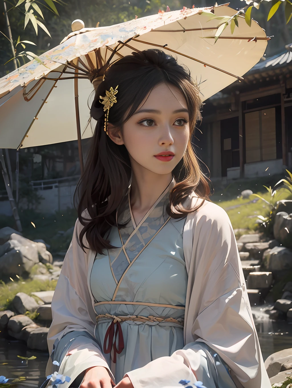 Fantasyart，photoRealstic，动态照明，art  stations，poster for，Volumetriclighting，Very detailed faces，4k wallpapers，Award-Awarded，1 Close-up of the girl，Bust photo，red color Hanfu，White tulle coat，Half-off coat，Smile Expression，cabelos preto e longos，Red fringed hair ornament，White ribbon，Red flower bushes，Small blue flowers，butterflies flying，multiple butterflies，Sit by the creek，Reach out and pick flowers，Small carp，gold fish，Oversized oil-paper umbrella，lanterns，Ancient Chinese wooden boats，Hazy mist，foggy atmosphere，early evening，fog atmosphere，Courtyard background of ancient Chinese architecture，lotuses，White lotus，Small bamboo，with petals falling，Dramatic composition，Cinematic lighting effects，Bamboo building