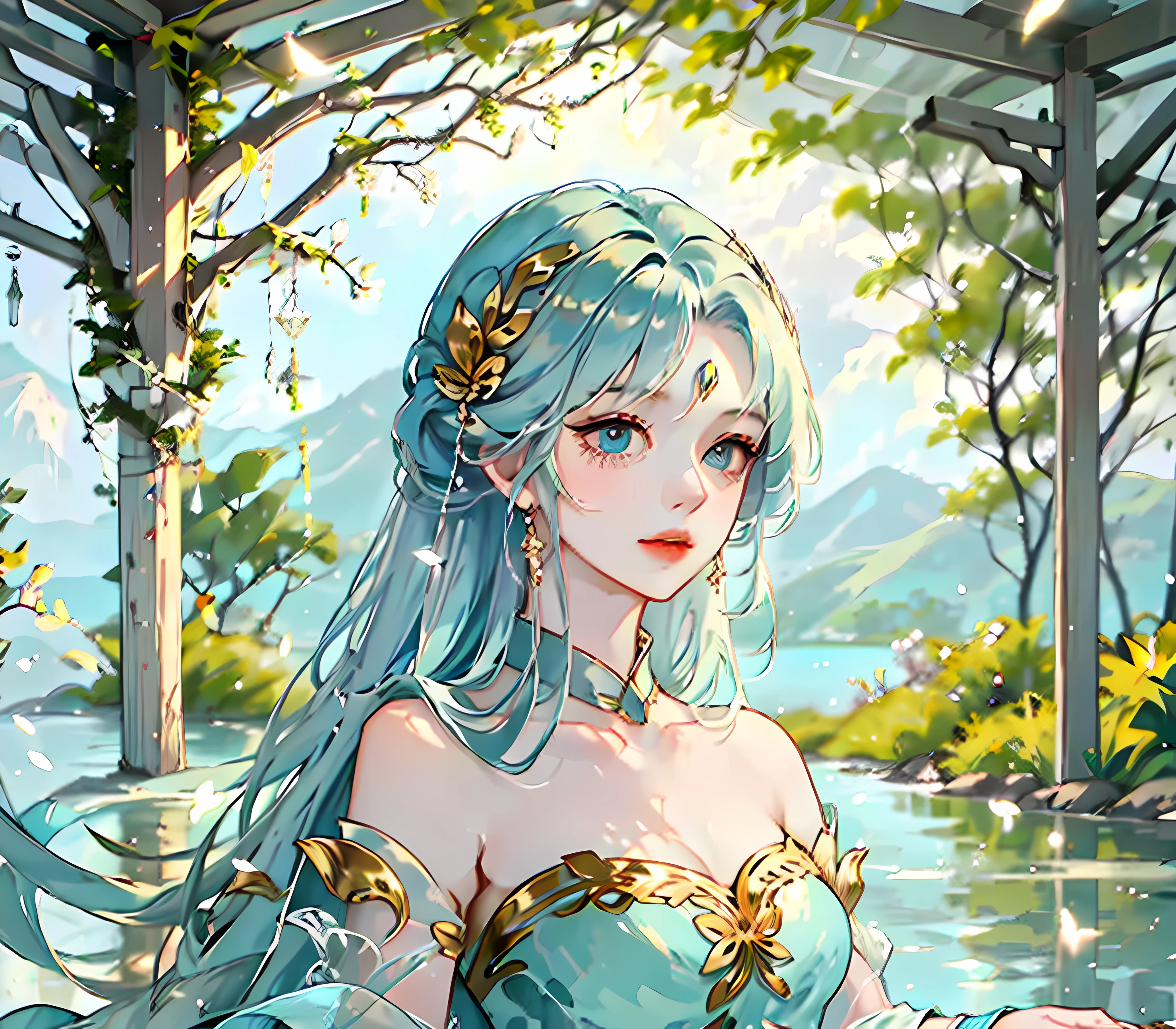 Still water flows deeply，A song of vicissitudes， Lake blue hair girl ，Goddess Maiden ，Plain white simple dress，Golden textured metal petals Extremely smooth long hair， Long-haired golden plant anthropomorphic ，spectacular backdrops， Overgrowth ，The background is empty