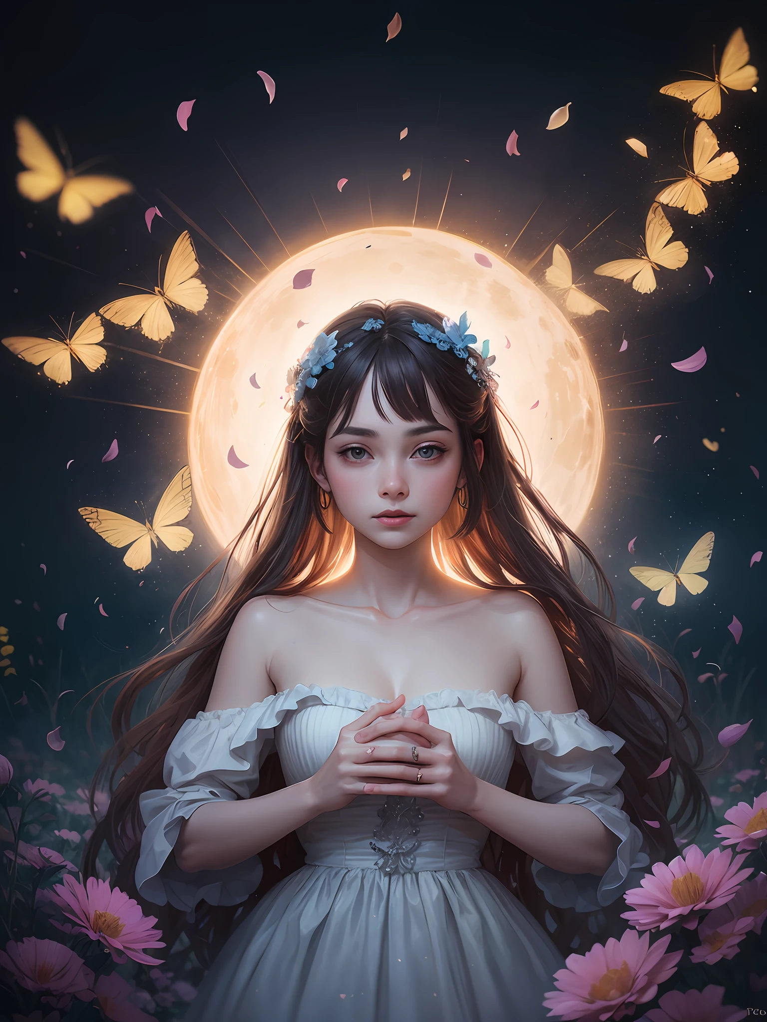 1girl, solo, full body, (masterpiece:1.21), (best quality:1.2), colorful, (illustration:1.2), (cinematic lighting:1.1), (bare shoulders:1.21), (collarbone:1.21) in this whimsical A beautiful and dreamlike garden, the scene is illuminated by a rainbow (colorful fireflies) dancing in the air. Pastel (drizzle) adorns the garden, creating a hazy and ethereal atmosphere. In the center of the picture, stands a single girl, an extremely beautiful girl, with lovely facial features and an innocent expression. Her long hair fluttered in the wind. She wore a low-cut strapless dress that accentuated her curves. The lighting is very delicate and beautiful, creating a soft warm glow that accentuates the water and makes it sparkle like a diamond. The finest grasses are also illuminated to create a lush carpet. The garden is surrounded by colorful flower fields with flowers of all colors and shapes. Various colors and sizes (coloured butterflies) can be seen flying around the scene, adding to the overall sense of wonder and magic. (Everyone, judges), a blush can be seen on the bridge of the nose, and the mouth is slightly opened, which adds to the overall sense of innocence and youth. Falling petals can be seen waving around her, adding to the overall sense of romance and beauty. The breeze is blowing, the leaves are rustling, and the flowers are swaying, adding to the overall dynamism and vitality. It is a scene of pure wonder and magic, full of color and beauty, where the viewer can lose themselves in this enchanting and captivating world.