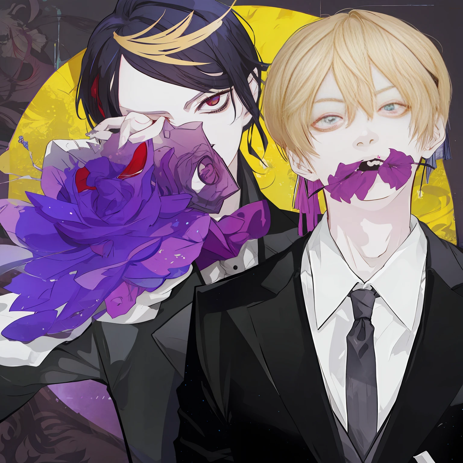 anime characters dressed in suits and ties posing for a picture, official fanart, High-quality fanart, anime vampires, gapmoe yandere grimdark, goro and kunkle, sanji, inspired by Matsumura Goshun, [ Digital art ]!!, inspired by Munakata Shikō, Creepy!!, fanart ”, style of anime》