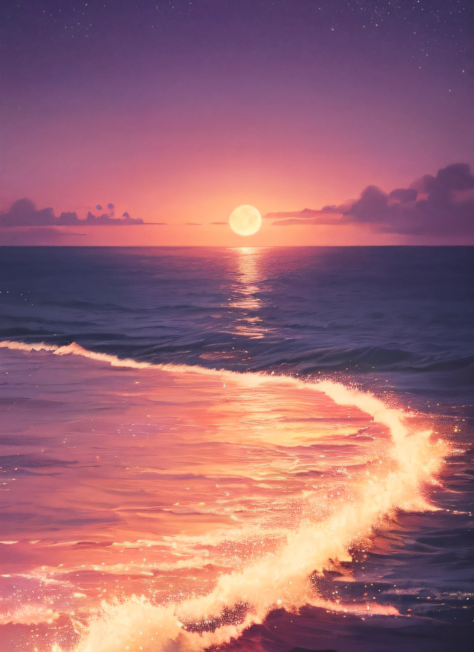 Pink moon, pink sky, soft pink clouds, pink ocean waves sparkling, sparkling, pink roses on pink ocean, fantasy, diamond, crown, universe, soft lights,