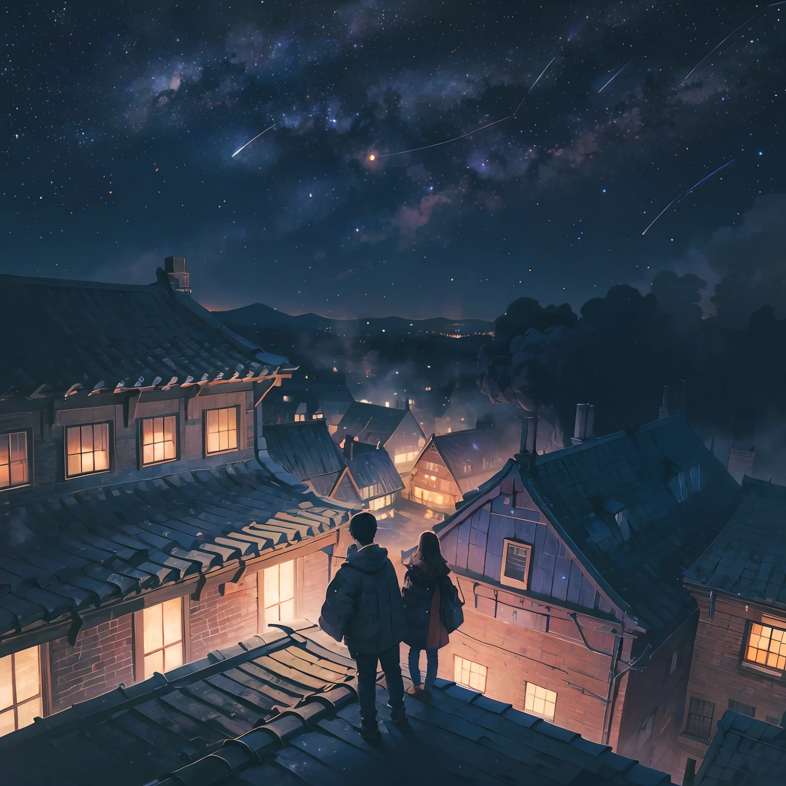 On the roof of the town,In the smoke,Boys and girls,Facing the starry night sky,snak。