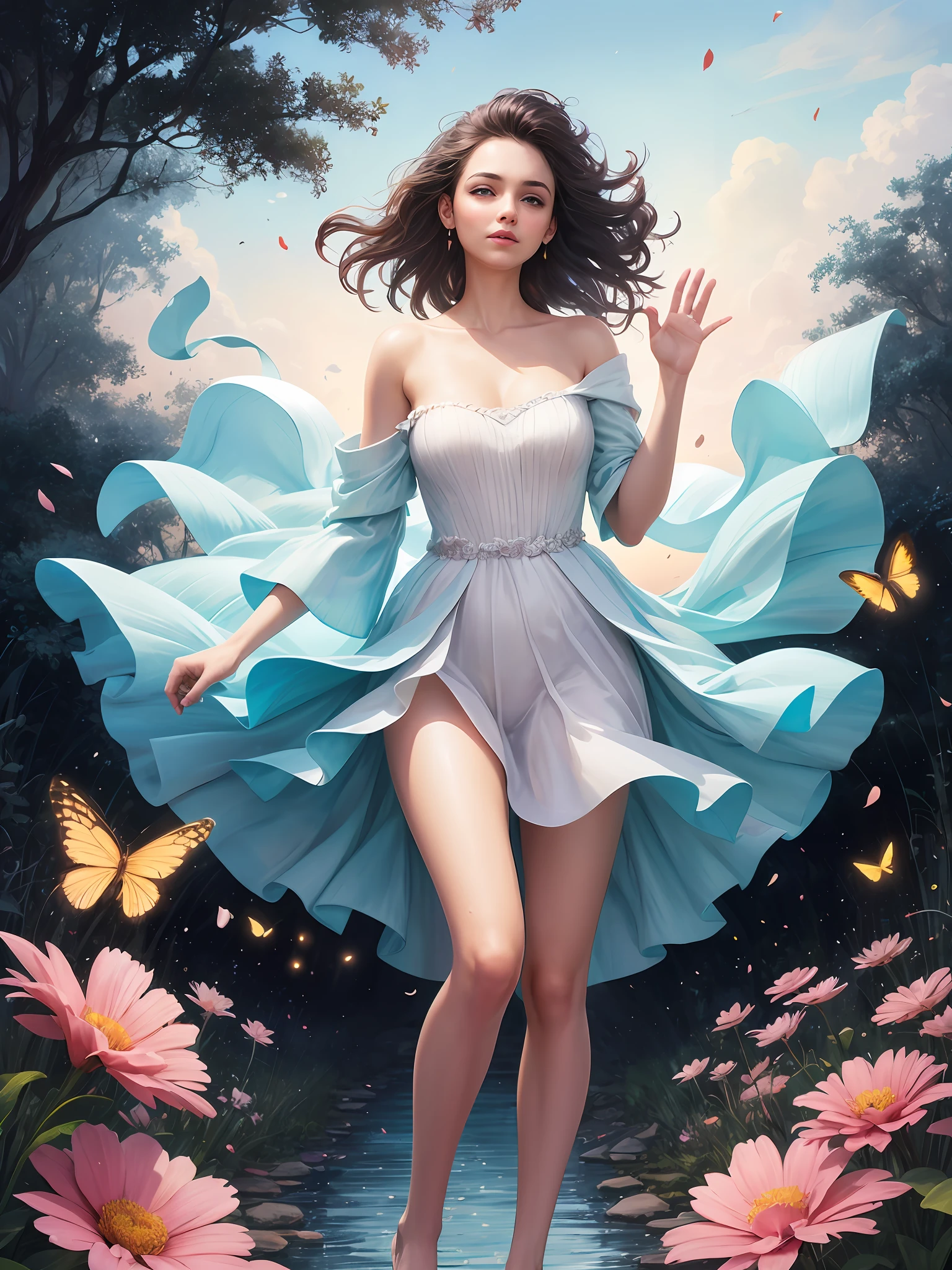 1girl, solo, full body, (masterpiece:1.21), (best quality:1.2), colorful, (illustration:1.2), (cinematic lighting:1.1), (bare shoulders:1.21), (collarbone:1.21) in this whimsical A beautiful and dreamlike garden, the scene is illuminated by a rainbow (colorful fireflies) dancing in the air. Pastel (drizzle) adorns the garden, creating a hazy and ethereal atmosphere. In the center of the picture, stands a single girl, an extremely beautiful girl, with lovely facial features and an innocent expression. Her long hair fluttered in the wind. She wore a low-cut strapless dress that accentuated her curves. The lighting is very delicate and beautiful, creating a soft warm glow that accentuates the water and makes it sparkle like a diamond. The finest grasses are also illuminated to create a lush carpet. The garden is surrounded by colorful flower fields with flowers of all colors and shapes. Various colors and sizes (coloured butterflies) can be seen flying around the scene, adding to the overall sense of wonder and magic. (Everyone, judges), a blush can be seen on the bridge of the nose, and the mouth is slightly opened, which adds to the overall sense of innocence and youth. Falling petals can be seen waving around her, adding to the overall sense of romance and beauty. The breeze is blowing, the leaves are rustling, and the flowers are swaying, adding to the overall dynamism and vitality. It is a scene of pure wonder and magic, full of color and beauty, where the viewer can lose themselves in this enchanting and captivating world.