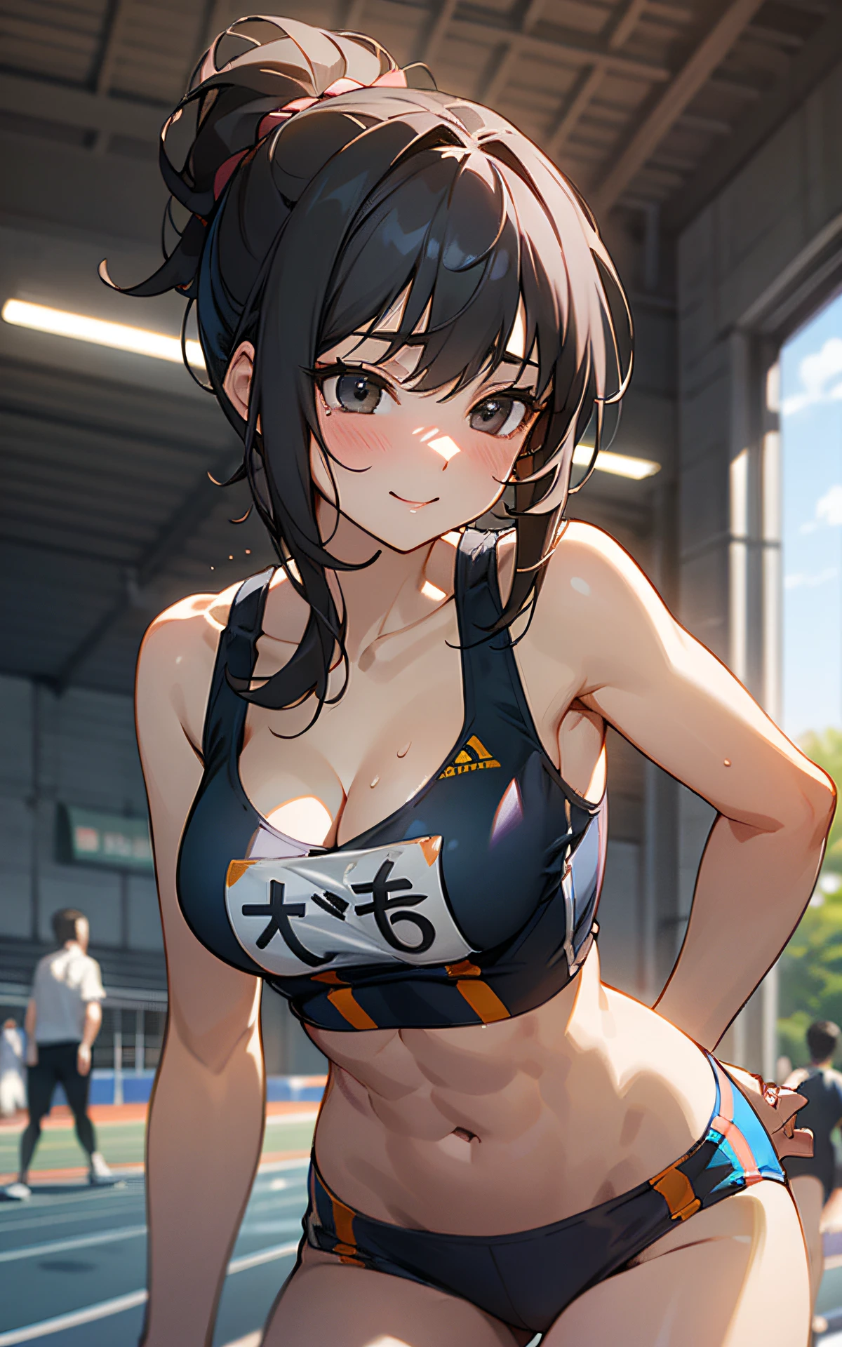 (Original Character、Unity 16K Wallpaper, Masterpiece, Best Quality, Ultra-Detailed, Extremely Detailed CG, Caustics, Cinematic Lighting, Detailed, Beautiful Detailed Eyes, solo), Ultra High Resolution, fine skin, (track and field:1.2) 、(strong light)、oily skin,smile , from front:1.2、(???? women)、Arena、separate、micro racing bloomers、show off belly,show off neck,sunny day、cowboy shot,blush,black eyes,abs,kawaii,perspired,cleavage、running shirt,?????????,???????????