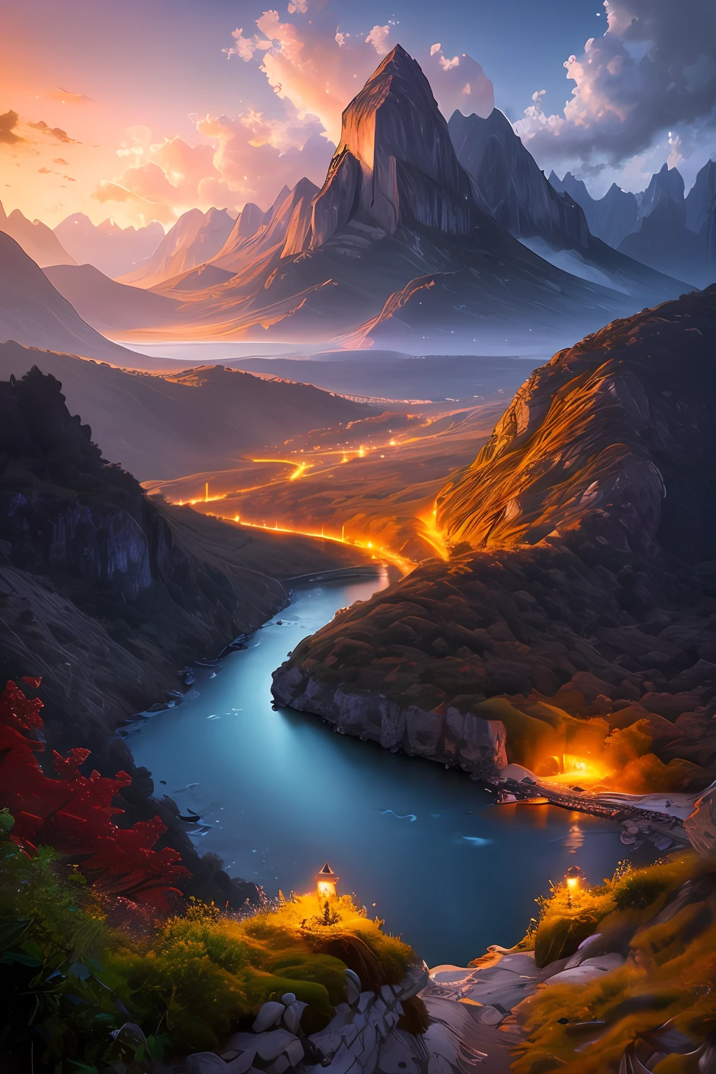 best quality, masterpiece, beautiful wild and natural fantasy landscape with glowing lights