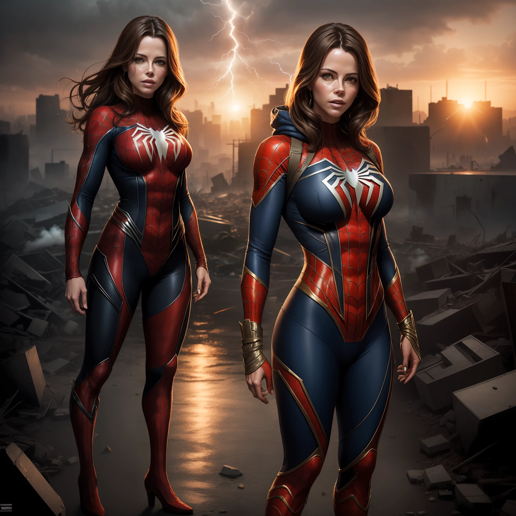Kate Beckinsale wearing detailed brown Spiderman costume, big breasts, superhero pose, standing in ruined city at sunset, super detailed, smoke, sparks, sunlight, (8k), realistic, symmetrical, repeated award winning, cinematic lightning, drenched, film, 75mm, scratched, full body, closeup, tattered clothes, detailed face, --auto