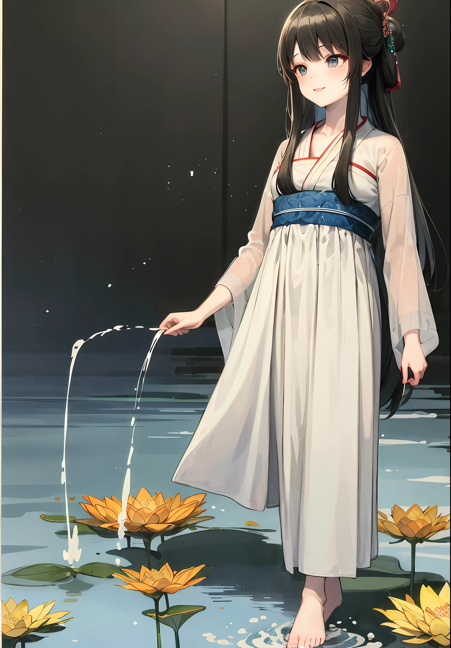 ((4k,masterpiece,best quality)), shuimobysim, Traditional chinese painting, lotuses, Hanfu, maxiskit, Dress conservatively 1girl, solo, blue long hair, ssmile, standing on your feet, Feet in the water, The barefoot,realisticlying,