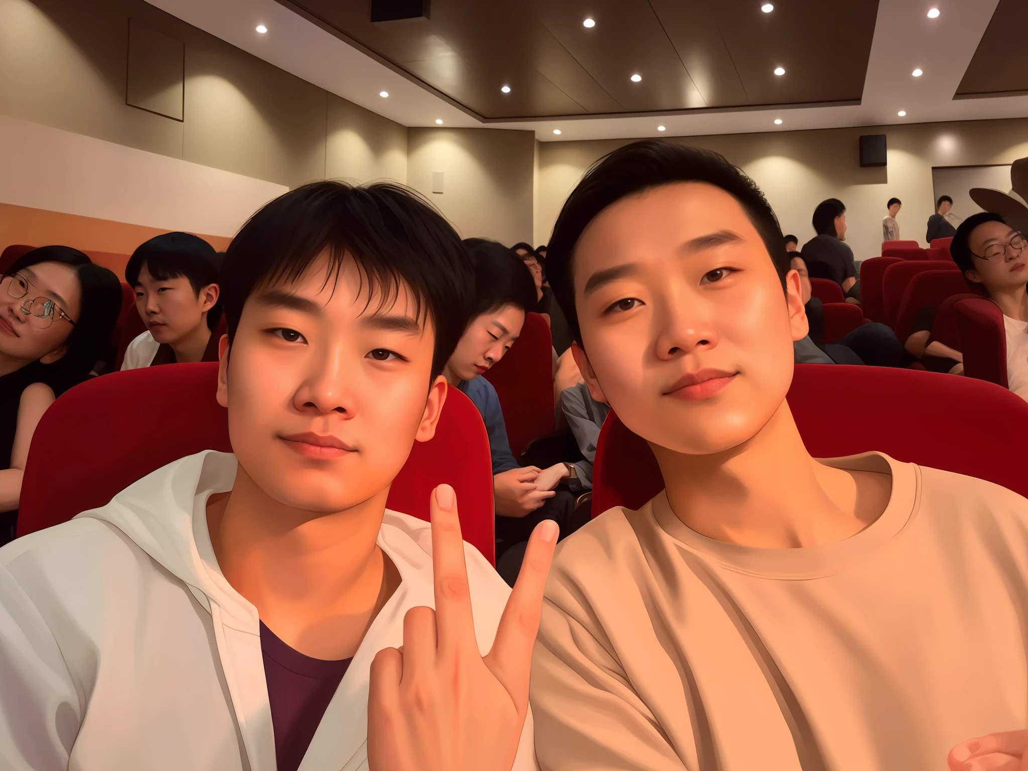 They sat in the theater with a lot of people, Ruan Jia and Fenghua Zhong, jin shan and ross tran, yiqiang and shurakrgt, alessio albi and shin jeongho, ruan jia and brom, lee griggs and jason chan, gunwoo kim and j.dickenson