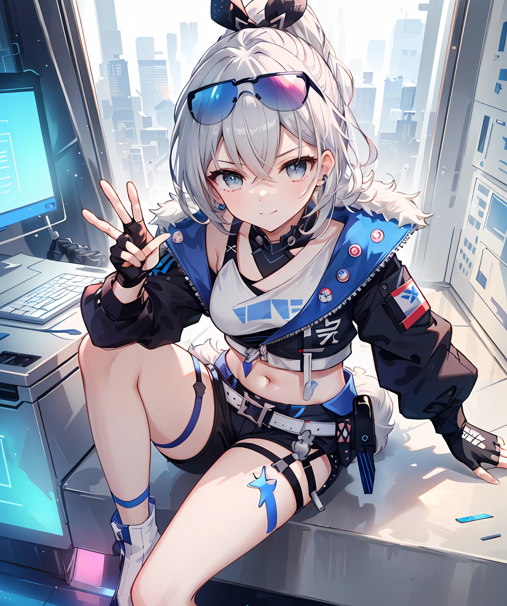 (masterpiece, photorealistic,best quality, extremely detailed CG,beautiful detailed eyes,ultra-detailed,intricate details,from above),fullbody,1girl,young,,young,long hair,metal hair,white hair,high bonytail,medium breasts,navel,sliver eyes,smirk,((peace sign,sitting,),crown,blue sunglass on head,fingerless gloves,cyberpunk jacket),detailed background((space station,fluorescent blue light,holy aura,Science fiction-theme)),