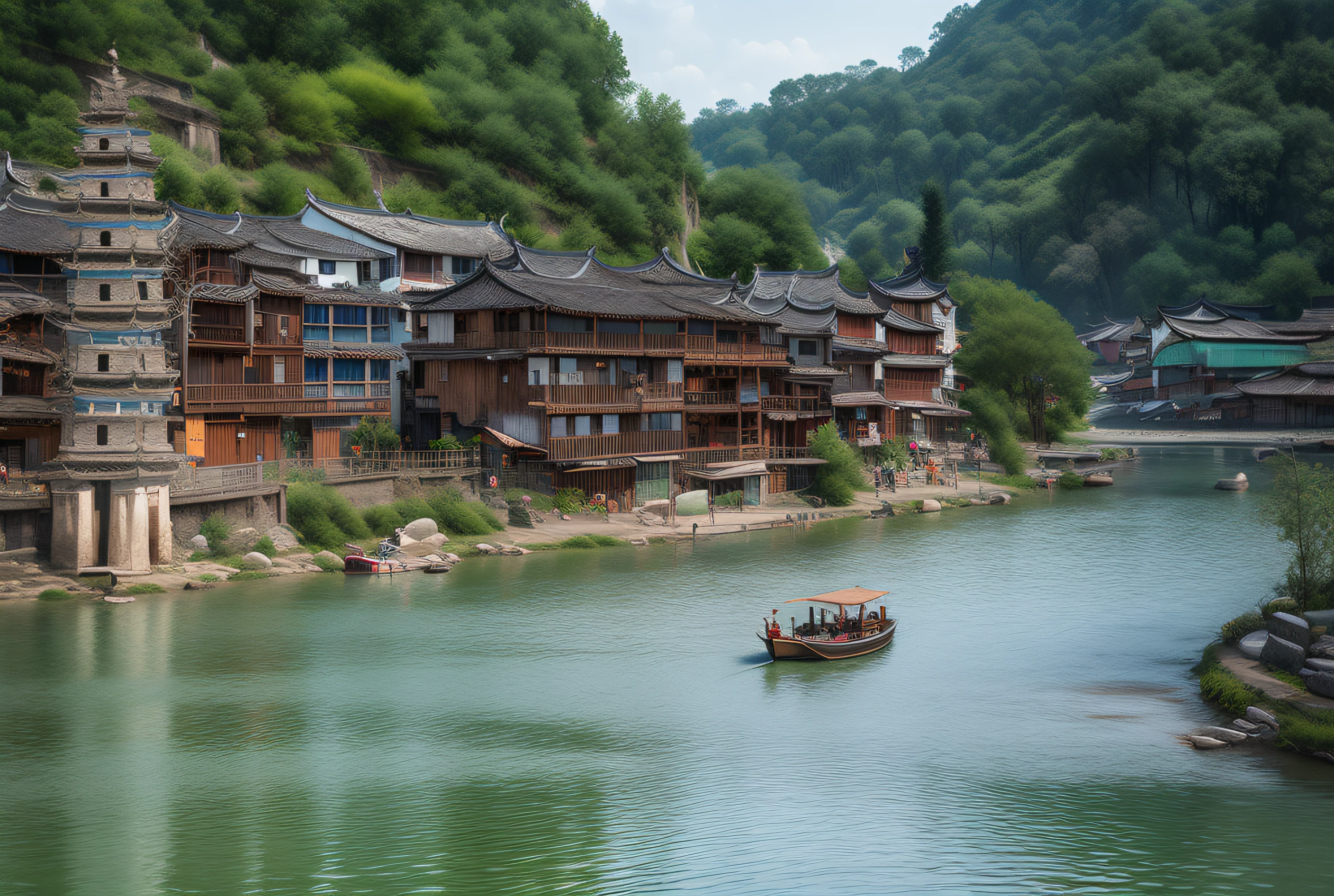 There was a boat going down the river in the city, building along a river, Ancient Chinese architecture, Chinese village, sitting in a small bamboo boat,  Boat in the river, old asian village, Chinese architecture,  of a small village with a lake,small boat in foreground，octans，Skysky，scenecy，exteriors，​​clouds，The tree，daysies，blue-sky，SakuraNS，grassy，mostly cloudy sky，mont