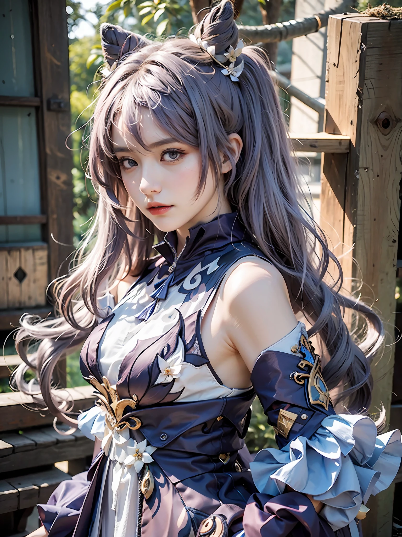 Masterpiece, best quality, detail, depth of field, ultra-realistic, realistic face and eyes, realistic skin texture, cinematic lighting, eyes to see the audience. 1 girl, solo, (frown, closed mouth), keqing_\(genshin_impact\), purple_eyes, purple hair, double tail, sharp eyes, serious face, gloves, black stockings, outdoor, purple lightning, fileg, lightning glowing sword, purple lightning, upper body