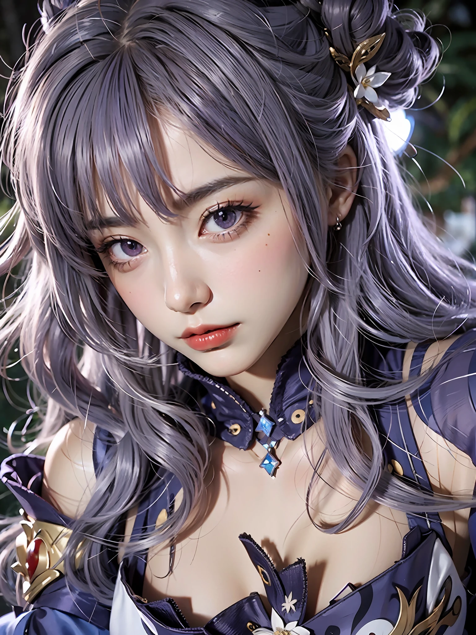 Masterpiece, best quality, detail, depth of field, ultra-realistic, realistic face and eyes, realistic skin texture, cinematic lighting, eyes to see the audience. 1 girl, solo, (frown, closed mouth), keqing_\(genshin_impact\), purple_eyes, purple hair, double tail, sharp eyes, serious face, gloves, black stockings, outdoor, purple lightning, fileg, lightning glowing sword, purple lightning, upper body
